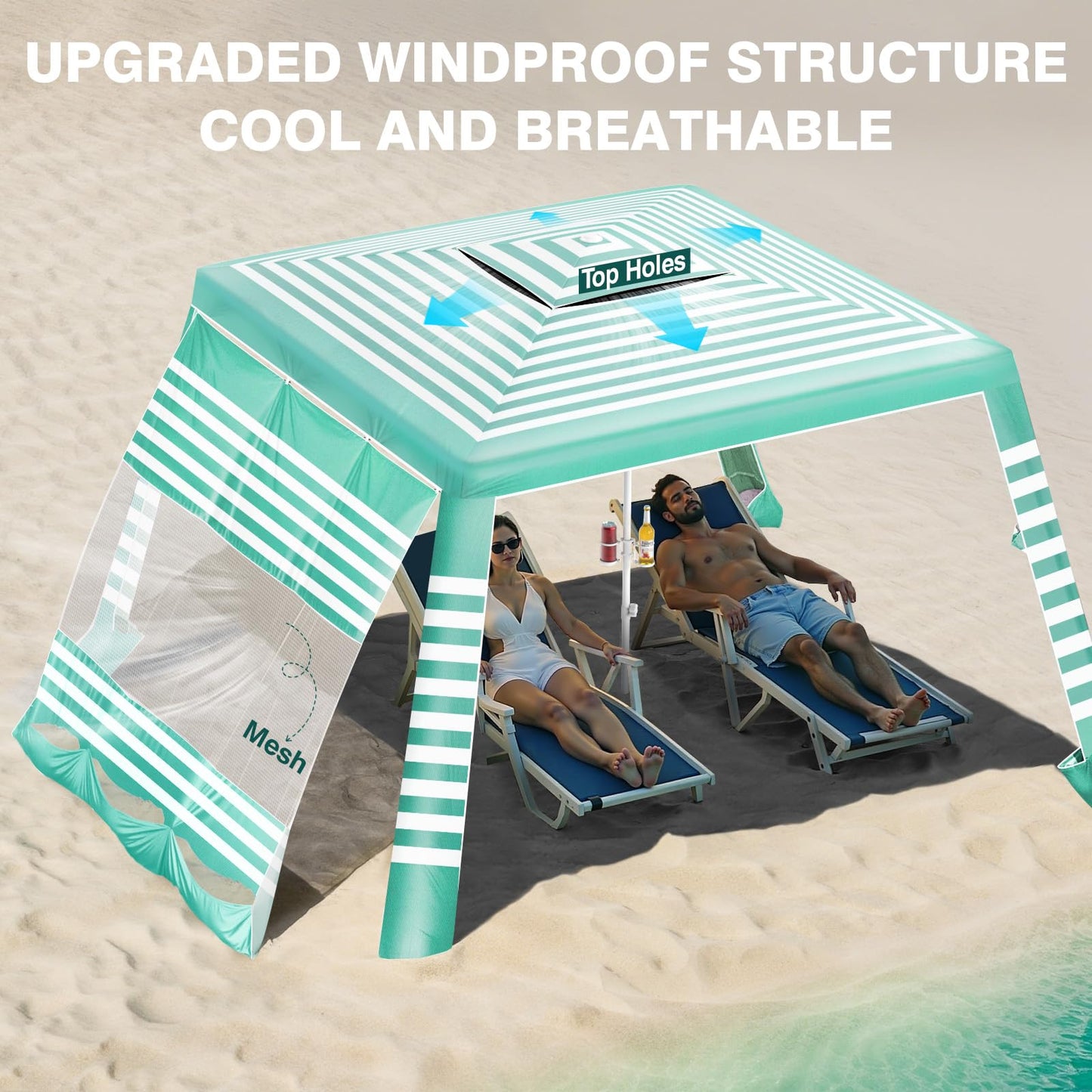 Rhino Valley Beach Cabana, 8 * 8FT Beach Tent UPF50+ Protection, Easy Setup Beach Canopy Wind Resistant with Cup Holder, Compact Beach Shade Foldable Beach Tent Sun Shelter, Green White