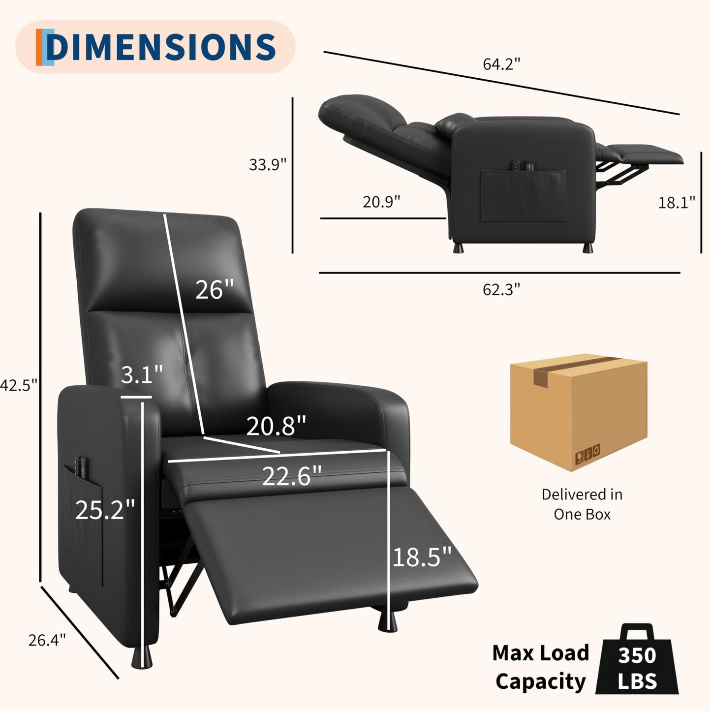 Ergonomic Power Recliner Chair with Heat & Massage, Electric Recliner, Tall Back, Overstuffed PU, Side Pockets, Heated Recliner for Living Room, Home Theater & Game Rooms