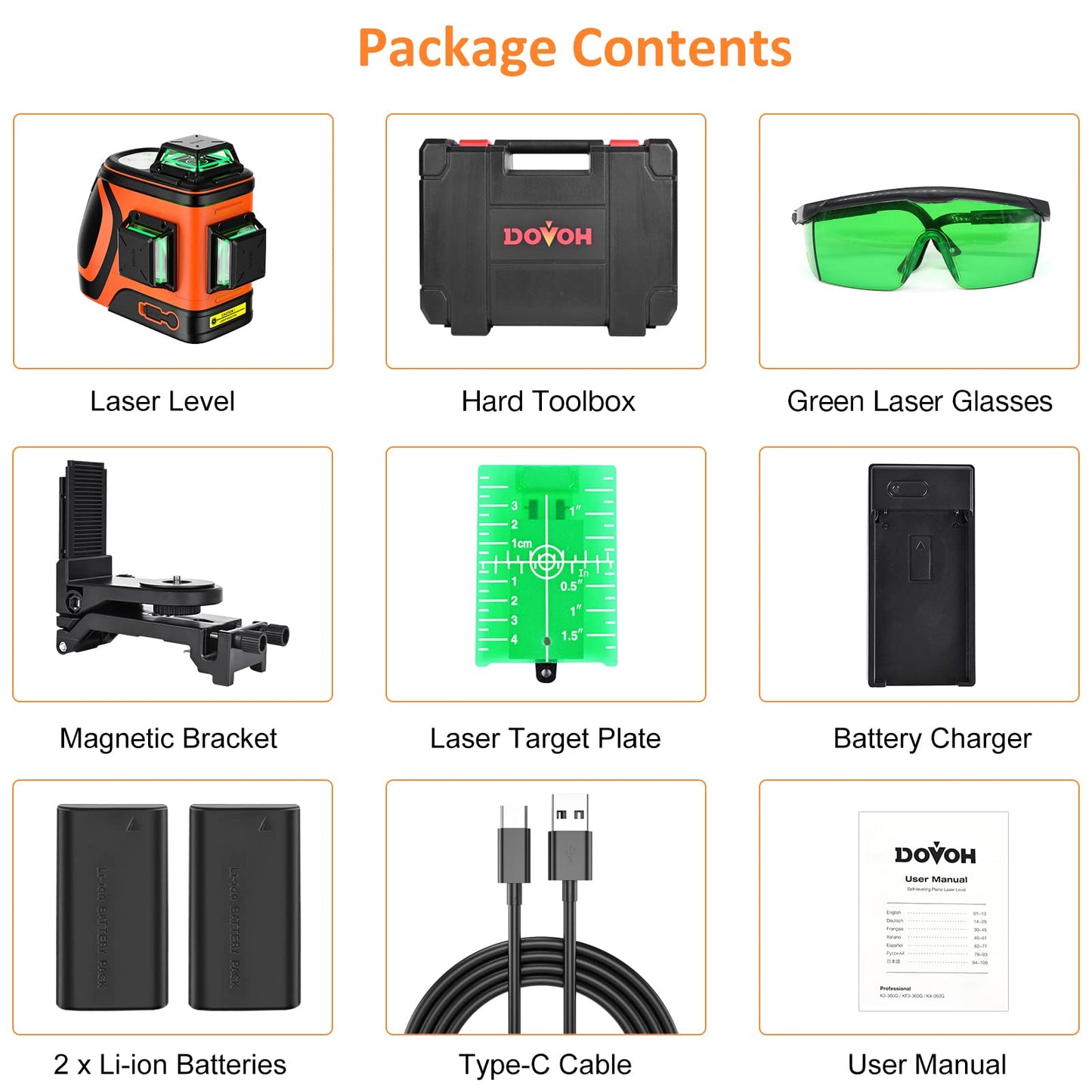 DOVOH High Visibility Laser Level Outdoor: Heavy Duty 3D Laser Level 360 Self Leveling Up To 197ft Long Range for Construction Tiling Framing 12 Line Green Beam, H3-360G