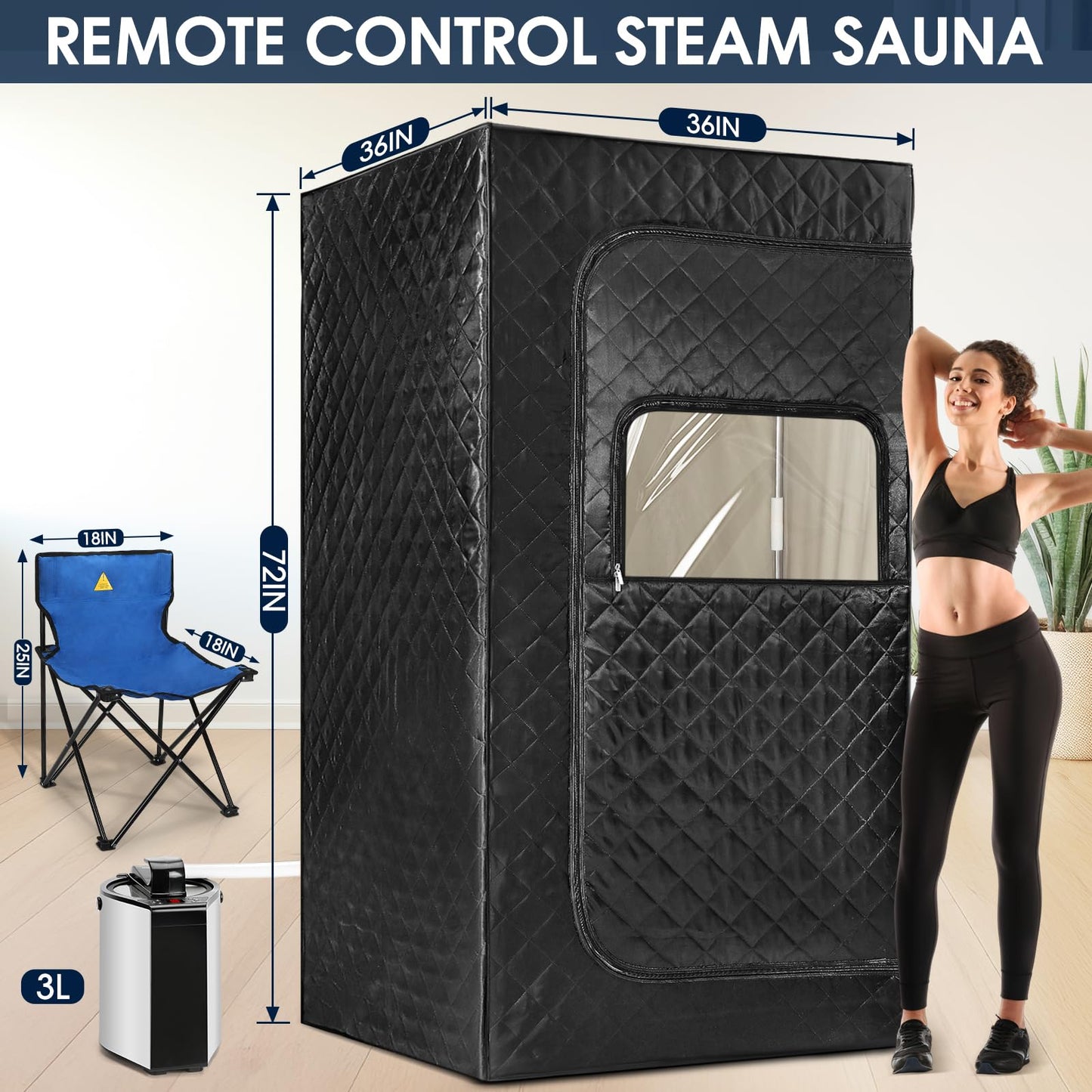 Portable Sauna, Personal Sauna for Home,Steam Sauna,Sauna Box Sauna Tent with 3L Steamer, UV Atomization, Cycling Timer and 9 Levels,72''X36''X36''- Black