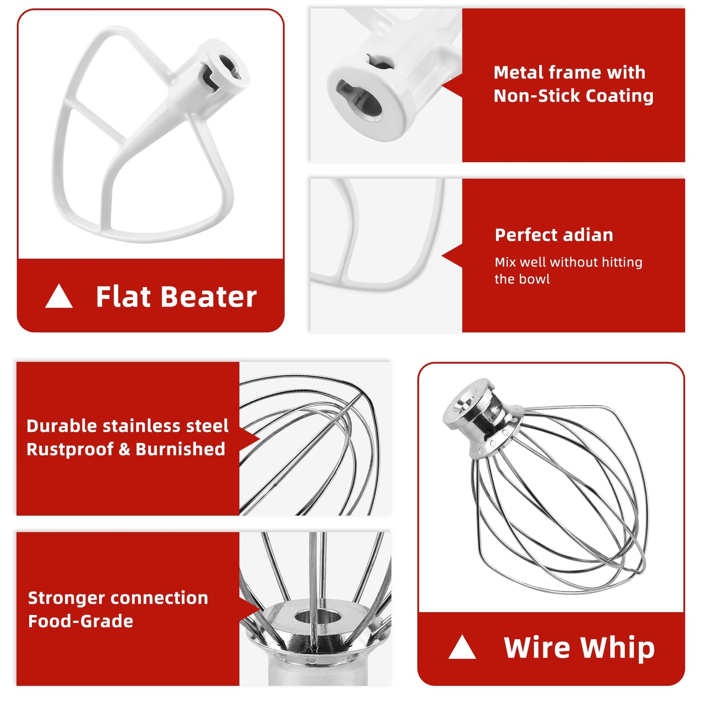 Stand Mixer Attachments K45WW Stainless Steel Wire Whip K45DH Dough Hook K45B Coated Flat Blade Paddle for 4.5-5.0 QT Kitchen Tilt-Head Stand Mixer K45 KSM75 KSM90 KSM95 KSM110 Series by Fetechmate