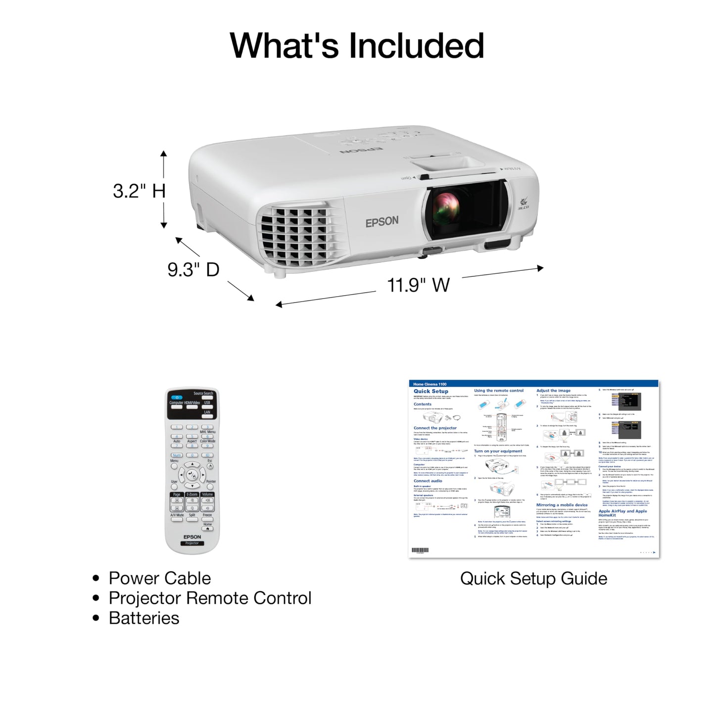 Epson Home Cinema 1100 3-Chip 3LCD Wireless 1080p Projector Streaming with Apple AirPlay, Miracast, Media Room/Gaming, 3,400 Lumens Color and White Brightness, Speaker, 16000:1 Contrast, 2x HDMI