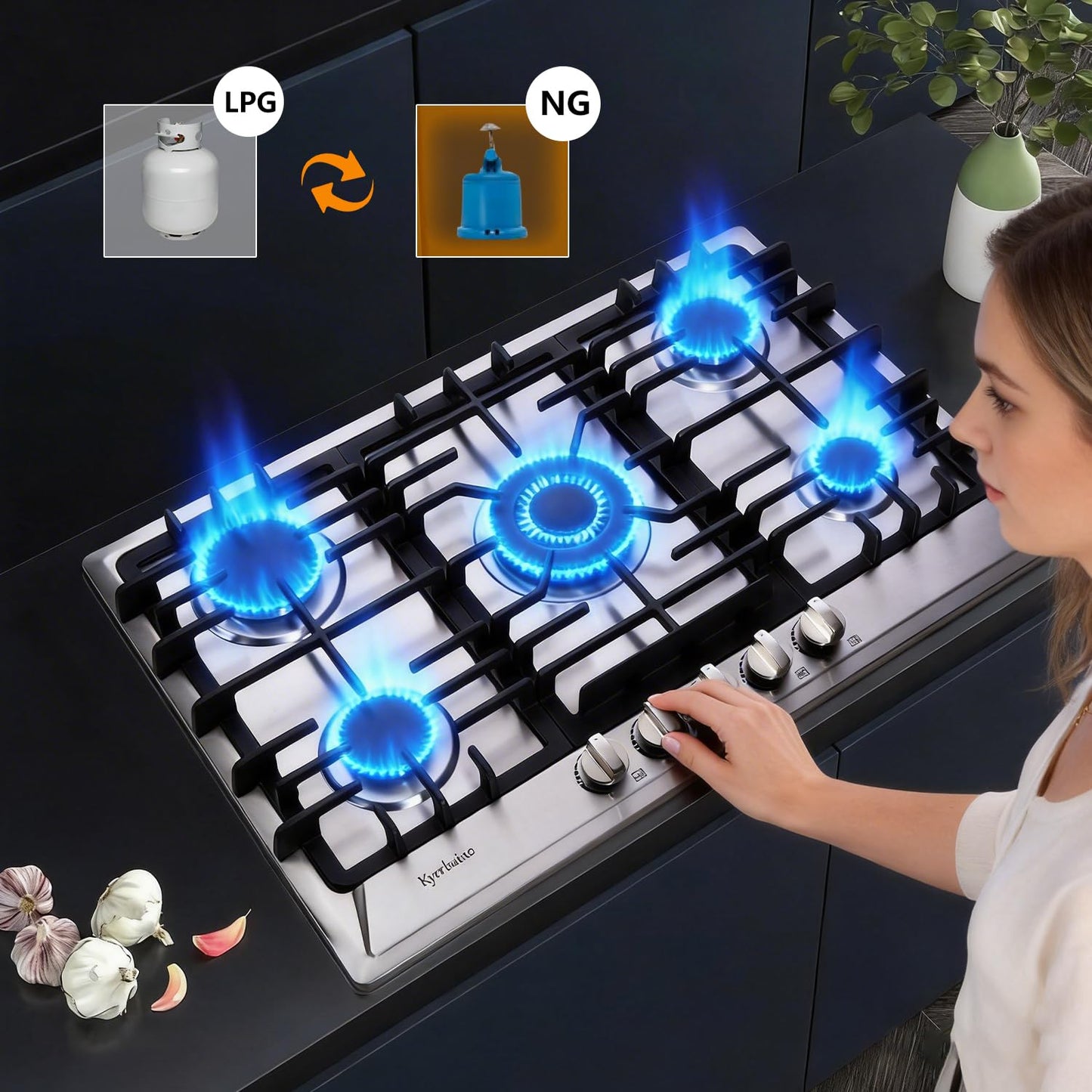 Kyerbaino Gas Cooktop 30 Inch, Stainless Steel 5 Burners Gas Stovetop Built-in LPG/NG Convertible Gas Cooktop Dual Fuel Sealed Gas Stove