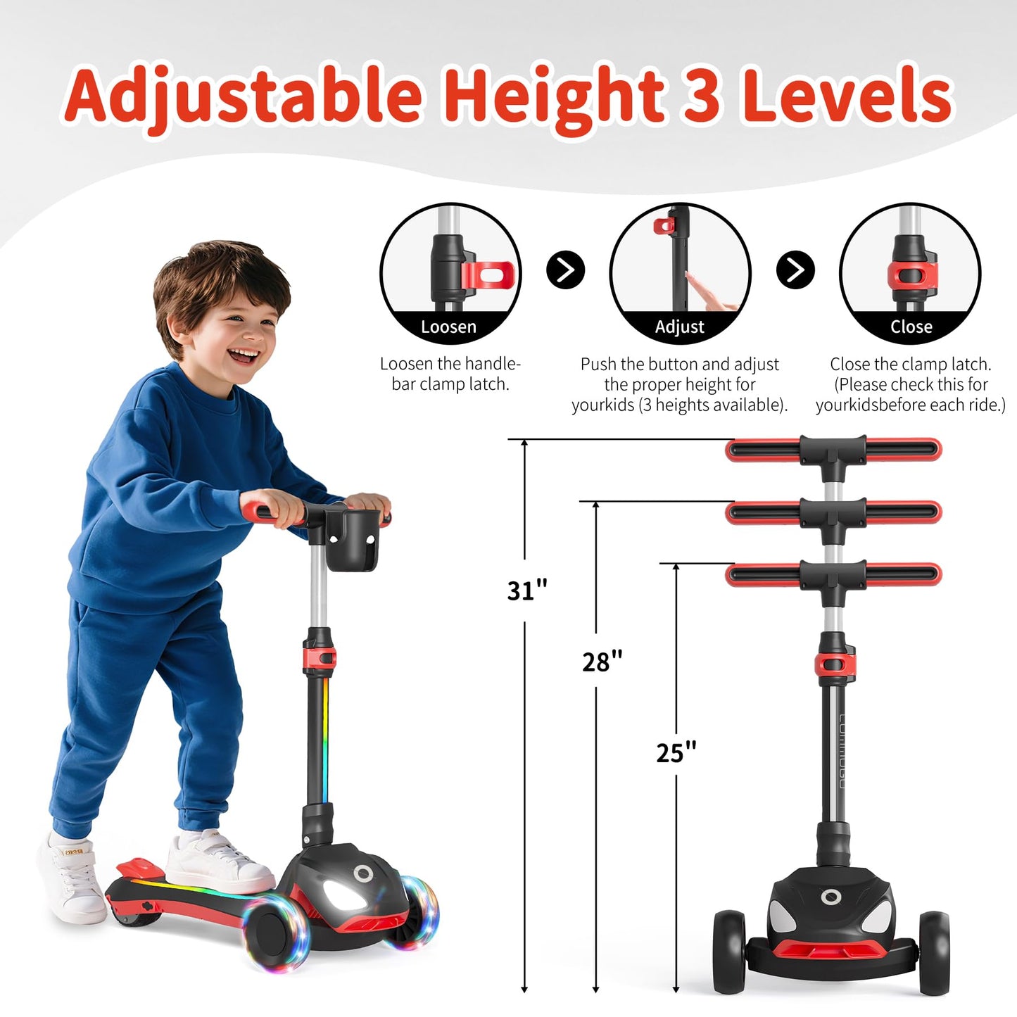 Commugo 3 Wheel Electric Scooter for Kids with LED Lighted Wheels, Balance Scooter for Kids Adjustable Height & Lean-to-Steer, 3-Wheel Foldable Scooter Anti-Slip Deck for Boys & Girls Toddlers