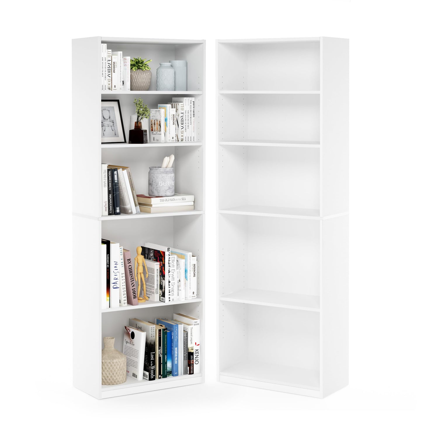 Furinno Jaya Book Shelf Set of 2, 5-Tier Bookshelf, Bookcase, with Adjustable Shelf, 9.5 x 24.5 x 71, for Home Office, Living Room, White