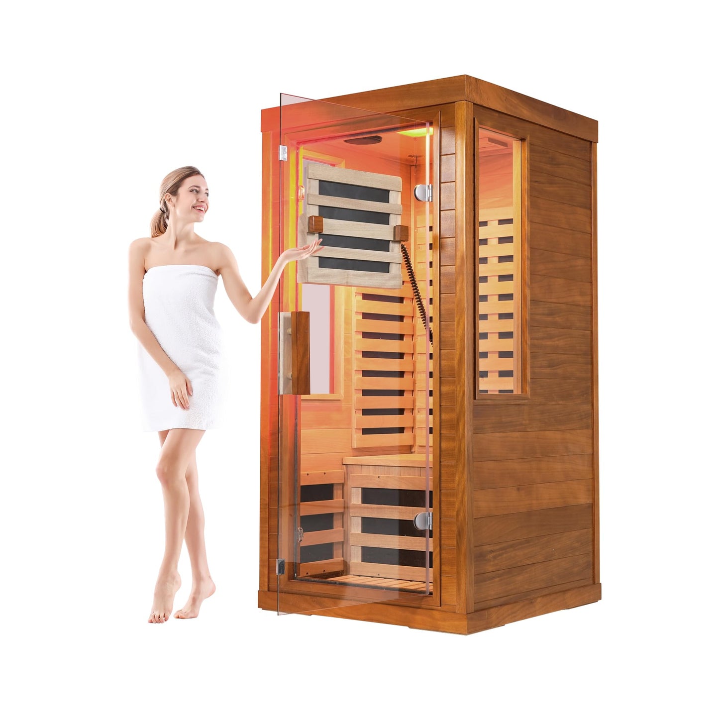 mikibama Infrared Sauna for Home, 1 Person Home Sauna with Red Light Therapy, Wooden Dry Saunas Room with 7 Carbon Heaters, 1170 W/115V, LCD Control Pannel for Home Spa