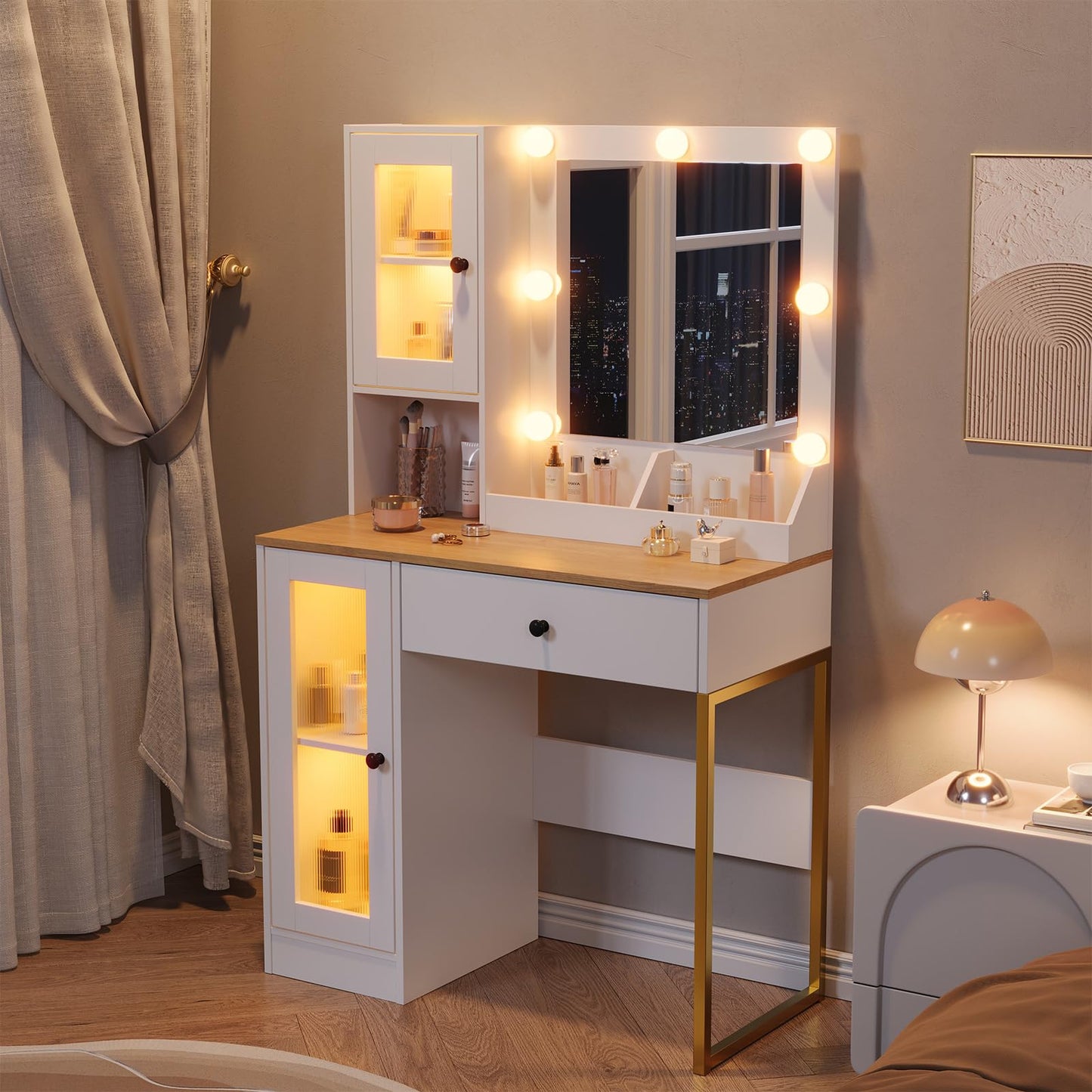 GarveeHome Makeup Vanity Desk with Mirror and Lights, Vanity Table with Charging Station, 2 Compartments, 2 Acrylic-Door Cabinets & RGB Lights, Dressing Table for Bedroom, White and Natural
