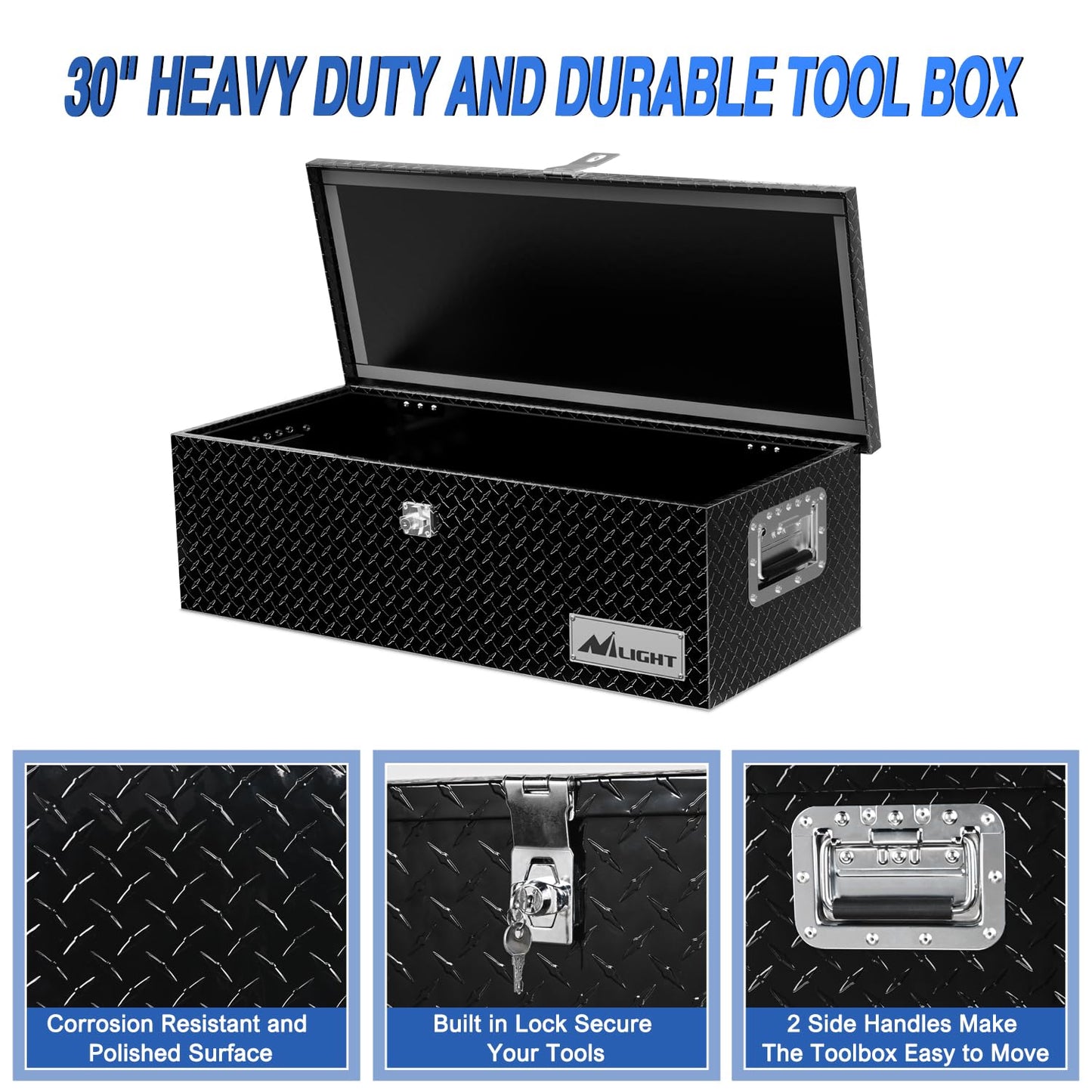 Nilight 30 Inch Truck Tool Box Heavy Duty Aluminum Diamond Plate Truck Bed Toolboxes 30''X13''X9.6'' Waterproof Pick-Up Storage Tool Boxes for Bed of Truck RV Trailer with Side Handle Lock Keys, Black
