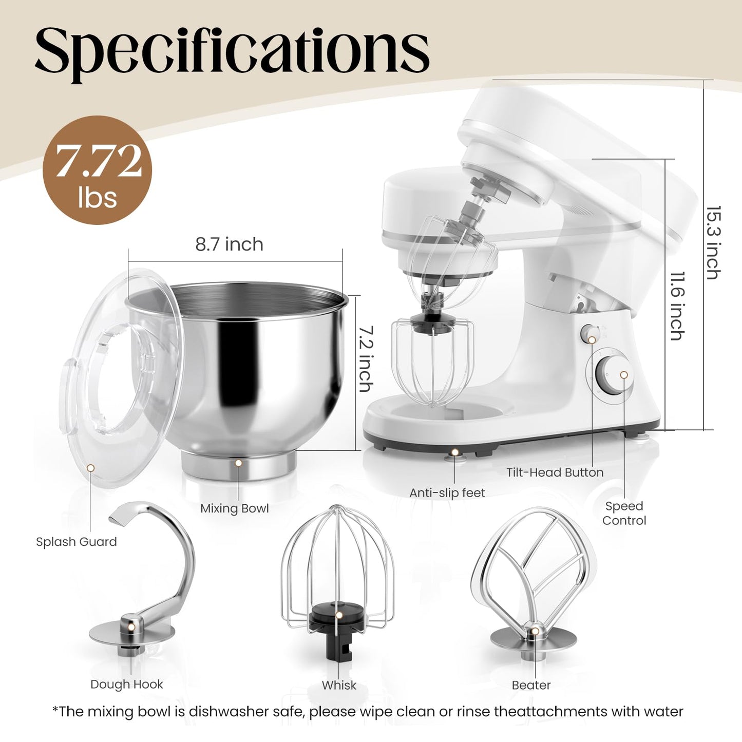 800W Stand Mixer with 5.3QT Bowl, 6-Speed with Pulse Electric Kitchen Mixer, Food Mixer with Dough Hook, Whisk, Beater Tilt-Head & Non-Slip Base for Cookie, Cake, Bread & Baking-White