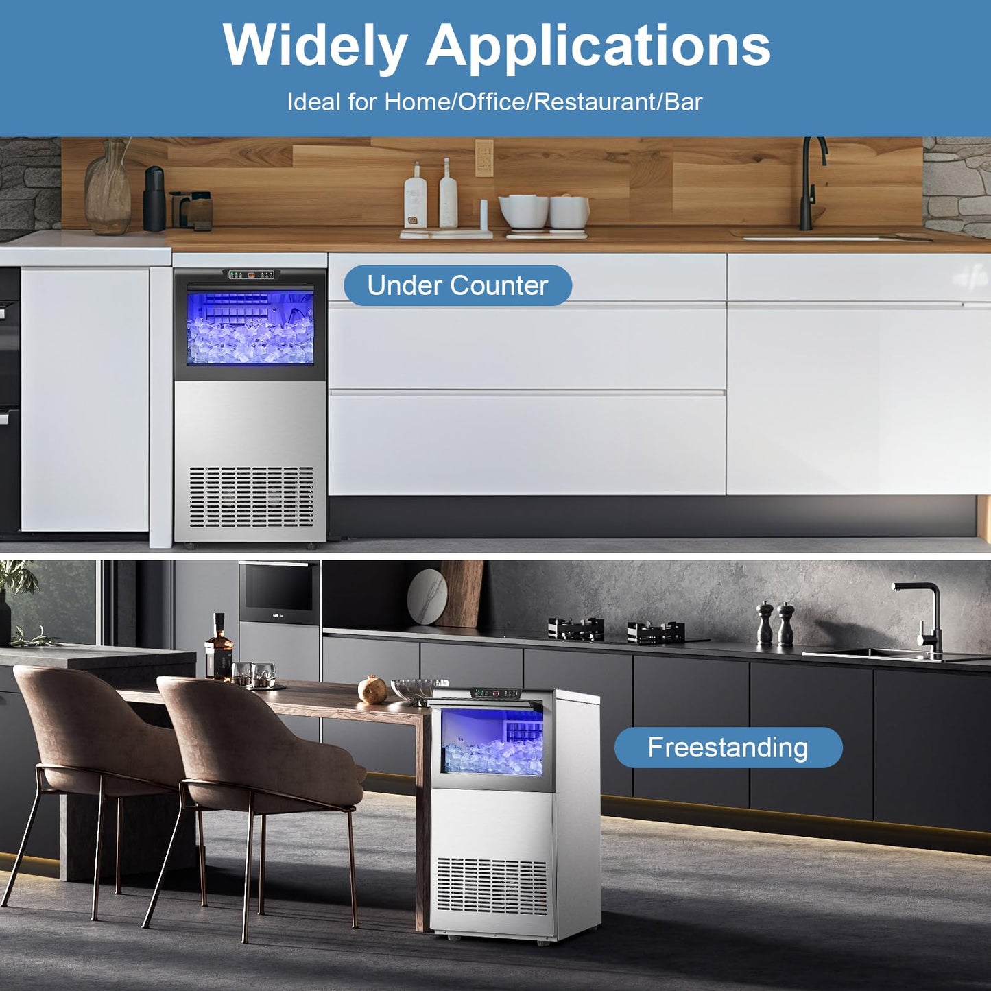 Amzgachfktch Commercial Ice Maker, 150lbs/24H Ice Maker Machine with 50lbs Ice Storage, Self-Cleaning, LED Digital Display, Blue Light, Under Counter/Freestanding Ice Machine for Home Bar Restaurant