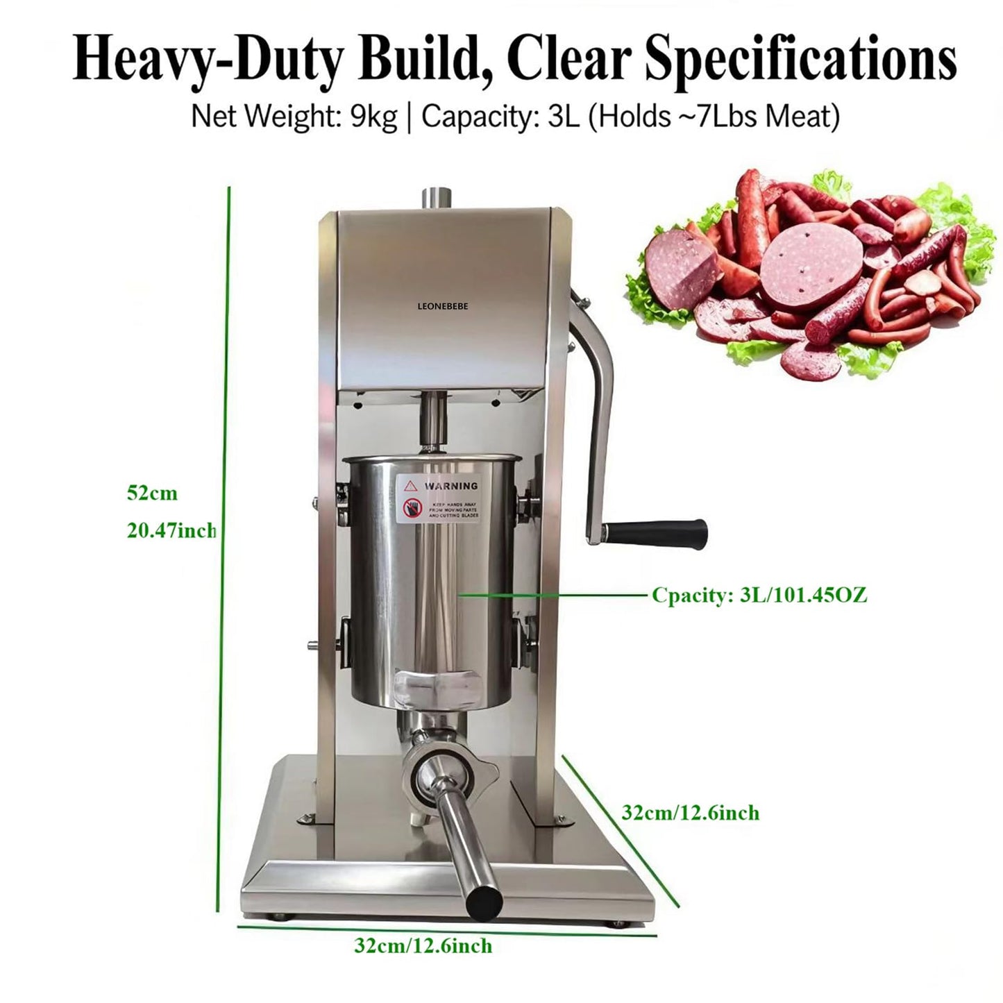 LEONEBEBE Manual Sausage Stuffer Filler, Commercial Vertical Sausage Maker Machine, 7Lbs/3L Capacity, 2 Speeds, Adjustable, 4 Stainless Steel Filling Tubes, Silver