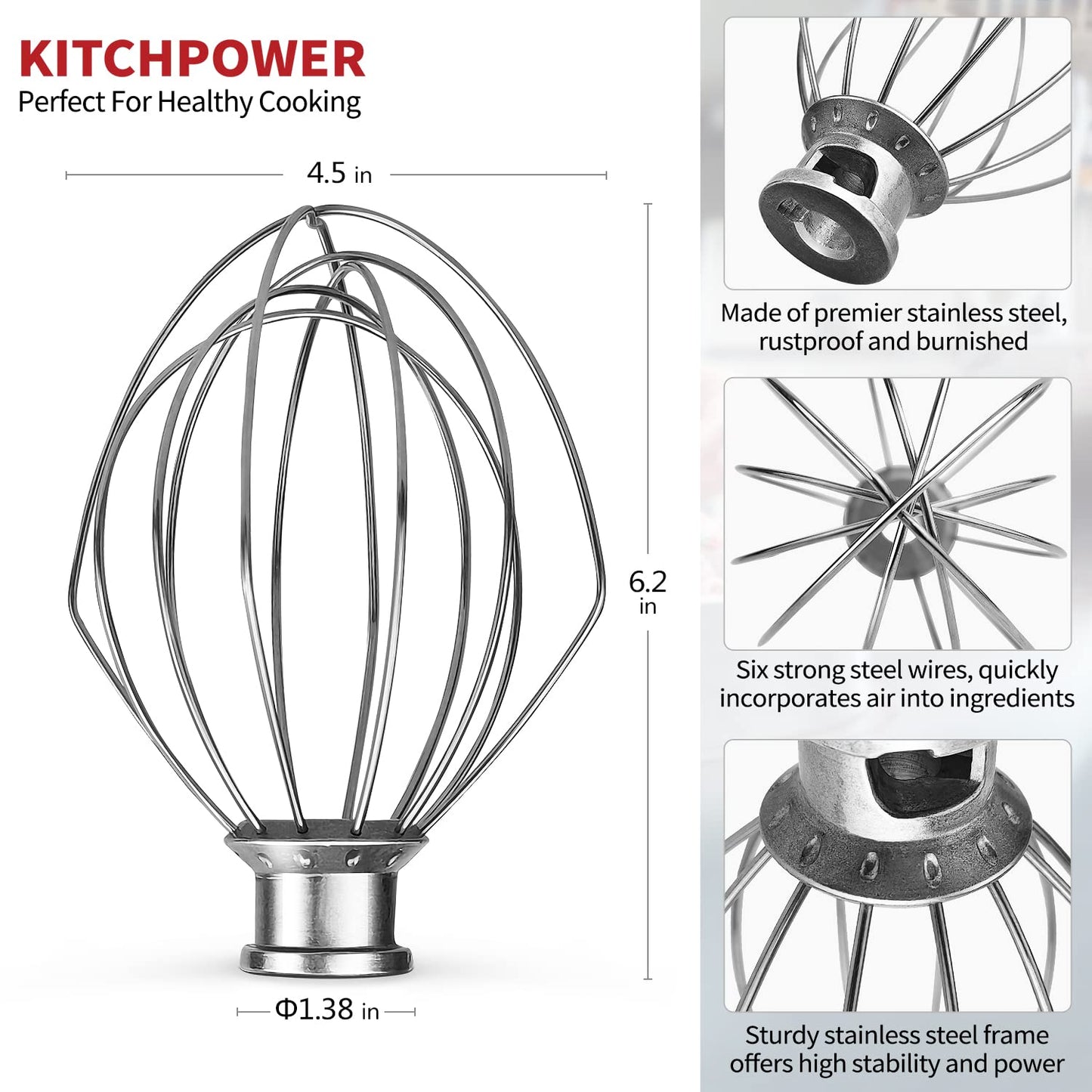 KITCHPOWER K45WW Wire Whip Attachment for Tilt-Head Stand Mixer for KitchenAid Stainless Steel Egg Cream Stirrer, Flour Cake Balloon Whisk