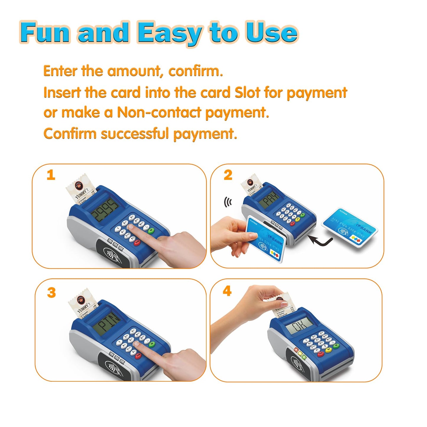 Payment Terminal Toys, Point of Sale Terminal with Light and Sound, Cash Register Toy with Credit Cards and Recipts, Pretend Play for Kids Age 3 and Up, Gifts for Boys and Girls