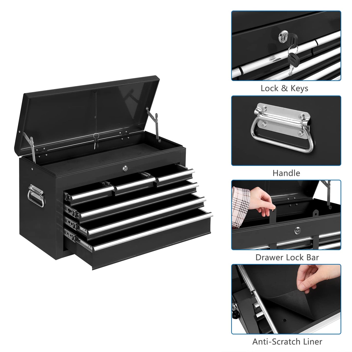 TUFFIOM 8-Drawer Rolling Tool Chest, Tool Storage Cabinet w/Lockable Wheels, Detachable Top, Drawers & Side Hooks, Mechanic Tool Organizer Box for Garage Warehouse Repair Shop