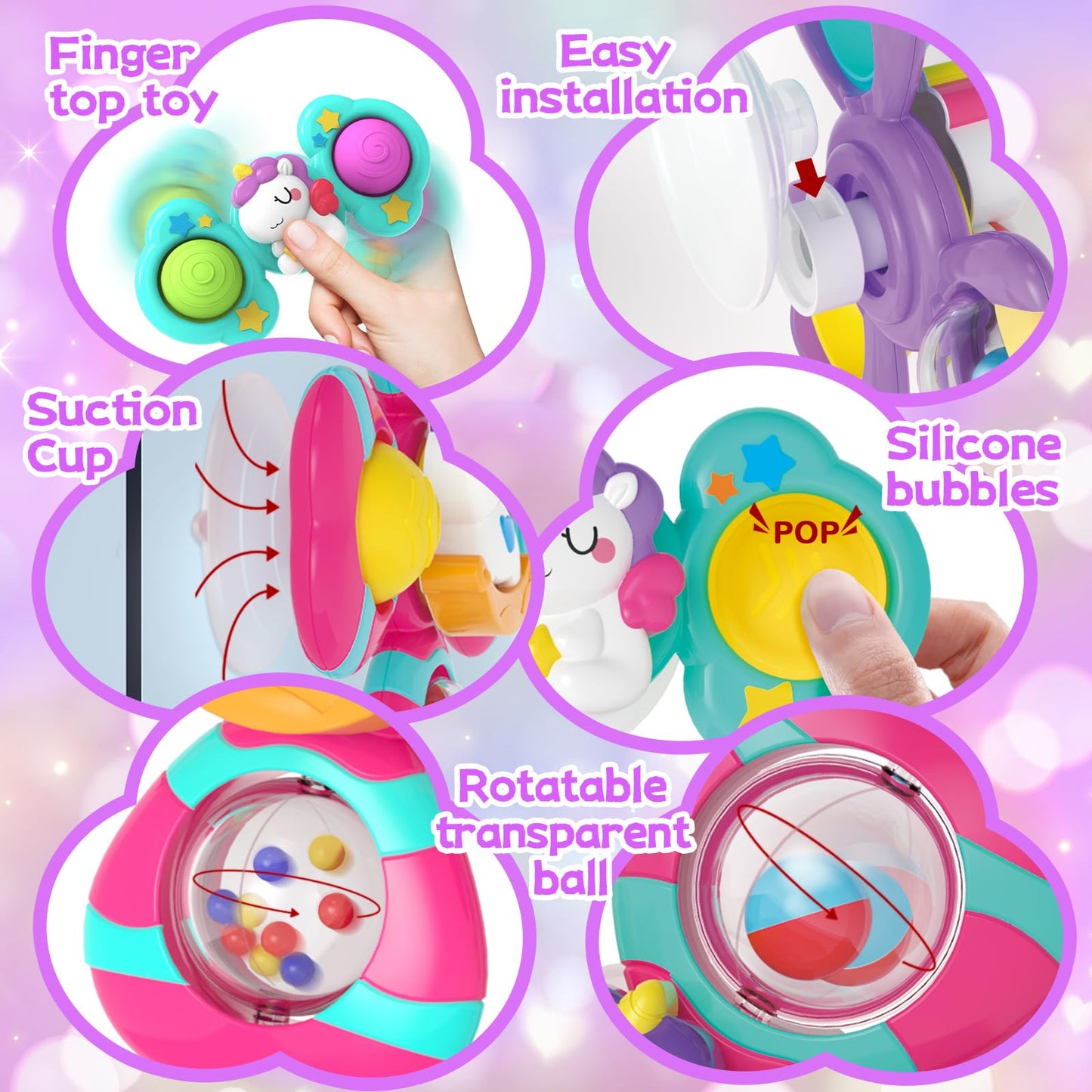3PCS Suction Cup Spinner Toys,Bath Toys for Baby 12 18 Months,Toys for 1 2 Year Old Toddler Girls,Sensory Toys for Toddlers 1-3 First Birthday Baby Gifts for Girls