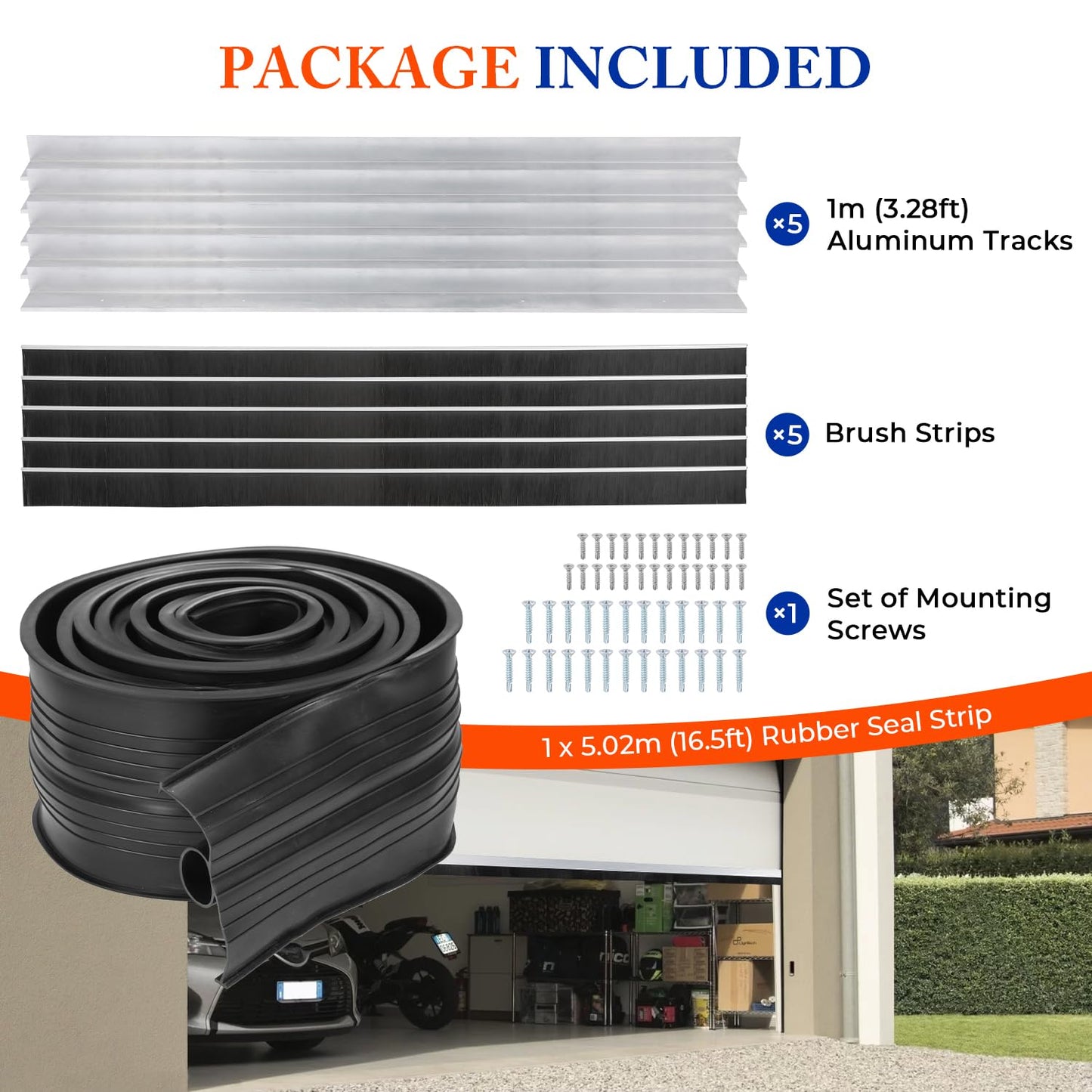 ‌POWLAB Universal Garage Door Seals Kit -16.5FT EPDM U+O Bottom Rubber Weatherproof Seal & Brush, Pre-Drilled Aluminum Track Retainer Base Kit for Steel/Wooden Doors, Noise Reducing