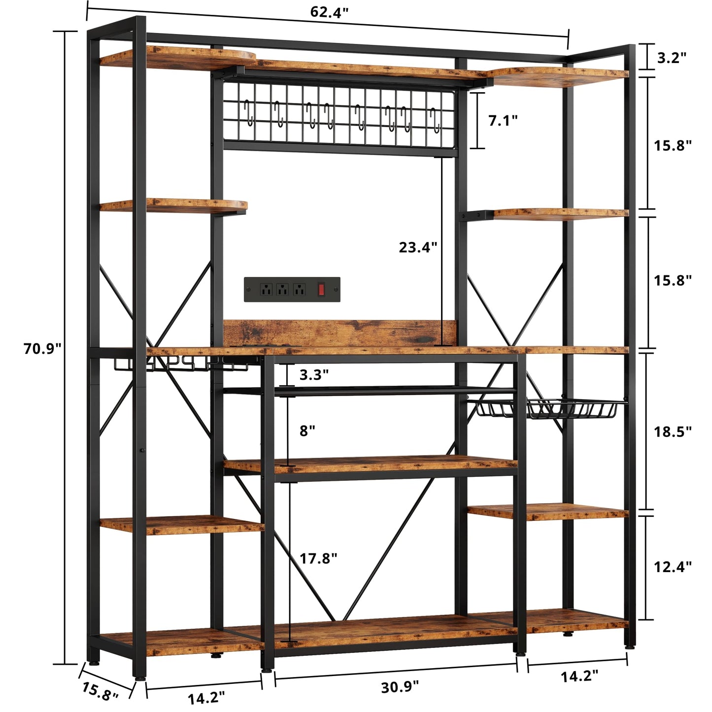 IRONCK Large Bakers Rack with Power Outlet, 62 Inch Wide Microwave Stand, Coffee Bar with Storage, Kitchen Racks and Shelves, Vintage Brown