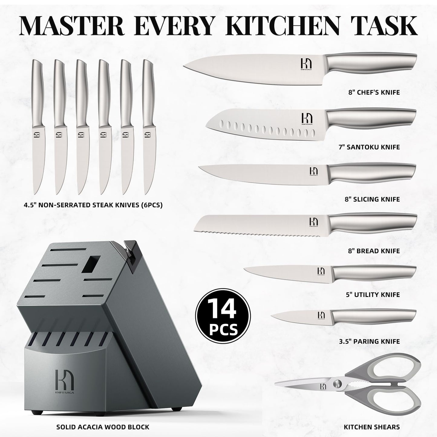 KnifeSaga Knife Set, 14 Pcs Premium Japanese High Carbon Stainless Steel Kitchen Knife Set, Razor Sharp Knife Block Set with Built-in Sharpener, Quality Acacia Wood Block Knife Sets Ergonomic Handle