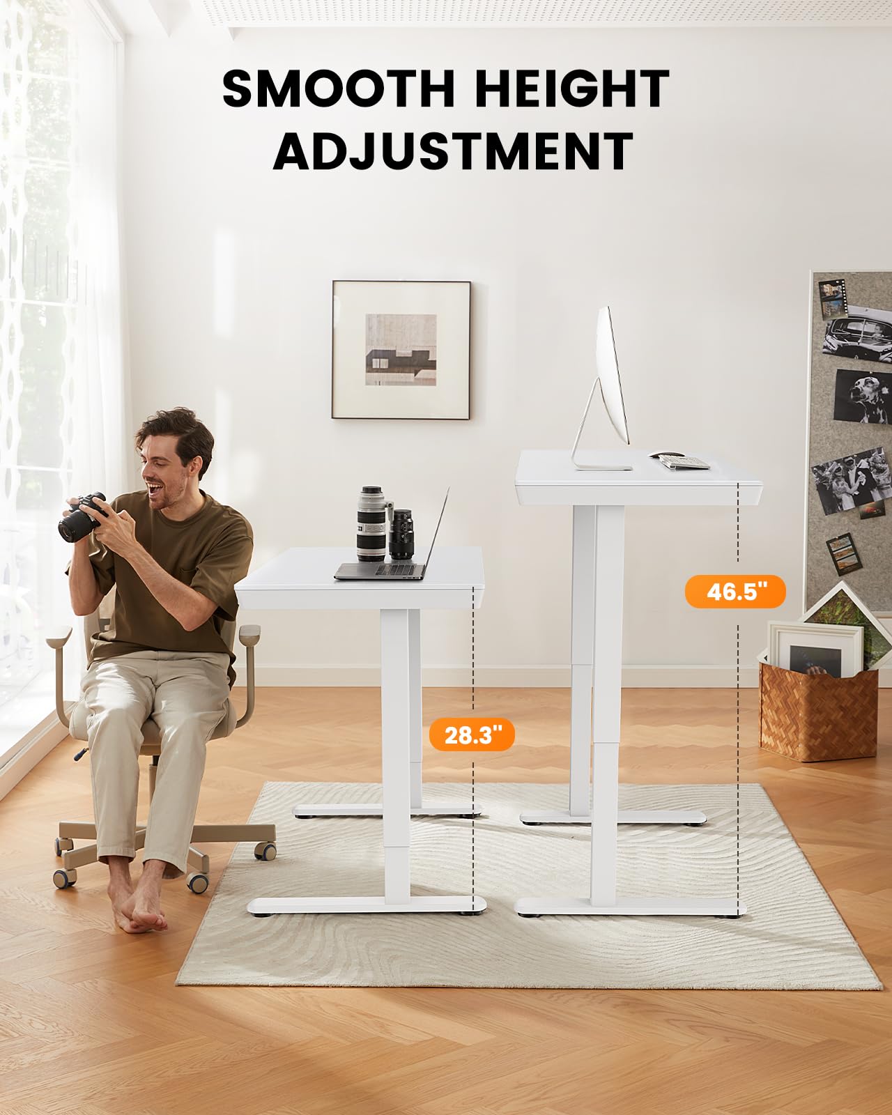 ErGear Electric Standing Desk with Drawers & USB Charging Ports, 48 x 24 Wood Height Adjustable Desk Whole Piece Home Office Computer Table, White