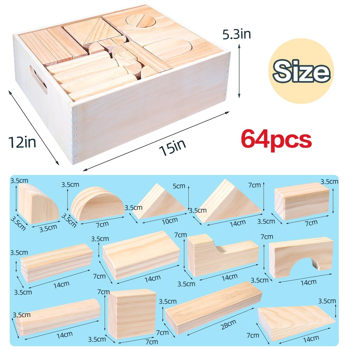 Large Wood Building Blocks with Wooden Storage Tray, 64-Piece Hardwood Sorting & Stacking Toys for Building & Balancing, Educational Preschool Learning Toys for 3+ Year Old Boy and Girl Gifts