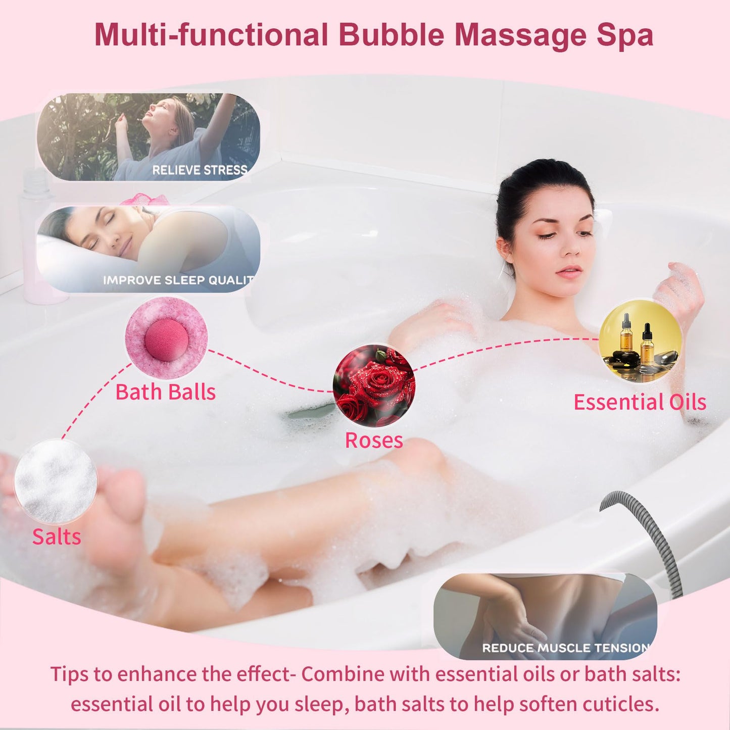 Bubble Bath Mat - Portable Spa Massager Mat for Bathtub with Remote Control, Inflatable Backrest & Non-Slip Suction Cup (44.9" x 16.9" Pink)