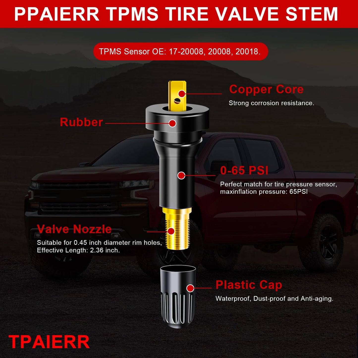 TPAIERR 100Pcs 17-20008 TPMS Valve Stem, OE 20008 Rubber Snap-in Vehicle Tire Pressure Sensor Valves Stems Cap Compatible with Ford/Chevrolet/Chevy/Chrysler/Dodge/Buick Ram/Cadillac/Subaru/Lincoln