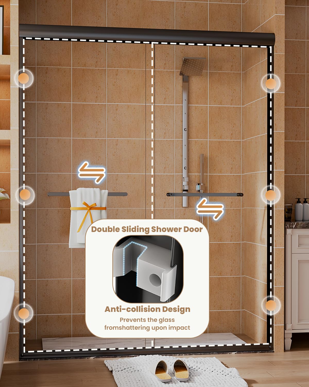 Sliding Shower Door 56-60" W x 72" H, Bathroom Sliding Door,Double Sliding Glass Shower Door, 1/4-Inch (6mm) Clear Tempered Glass, Easy Install Frameless Shower Doors for Walk-in Shower (Matte Black)