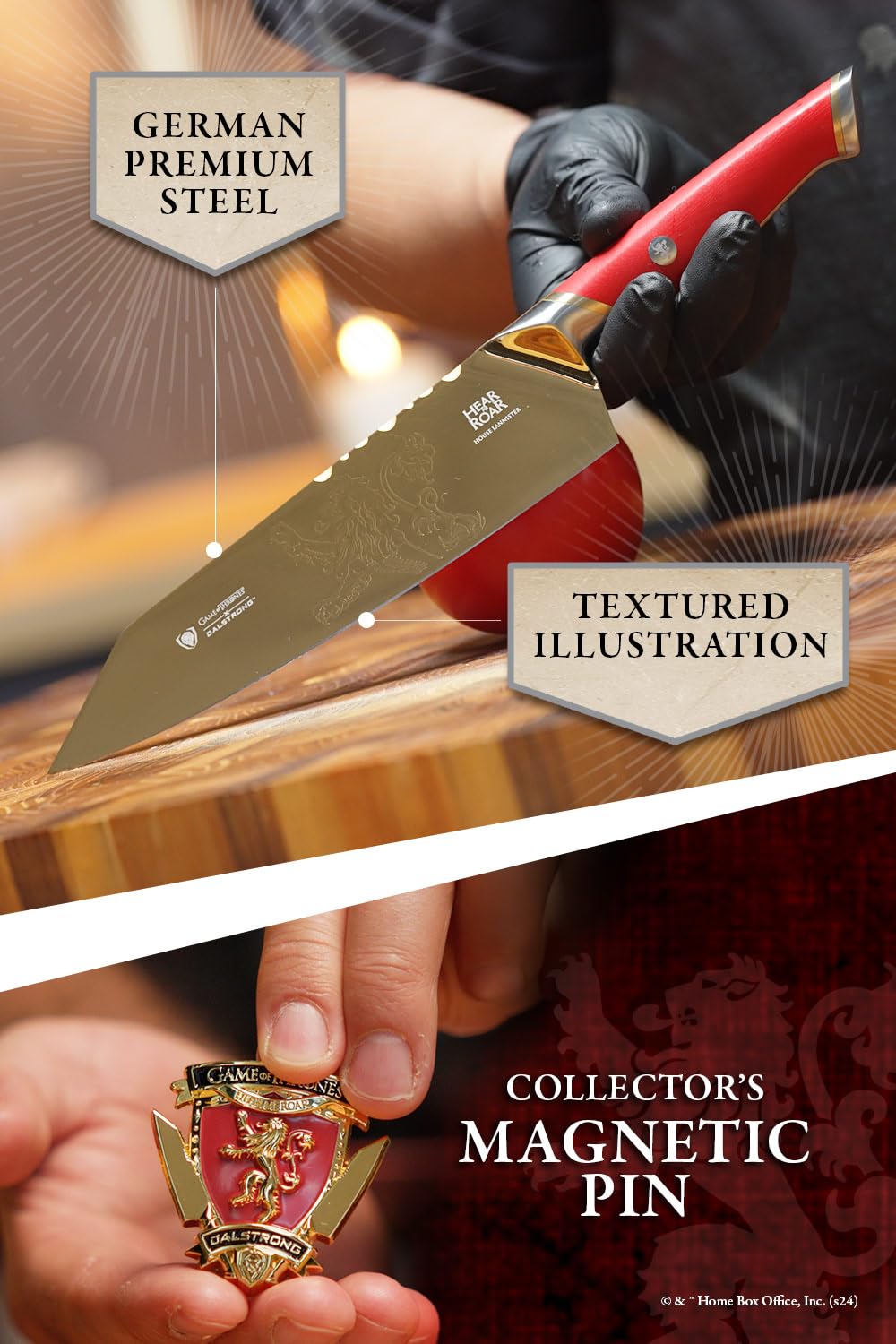 Dalstrong 8 inch Chef Knife- Game of Thrones™ Knife - House Lannister™ Edition - German Premium Steel Full Tang - Professional G10 Handle - Collection Item Toughbuilt Utility Knife- Leather Sheath