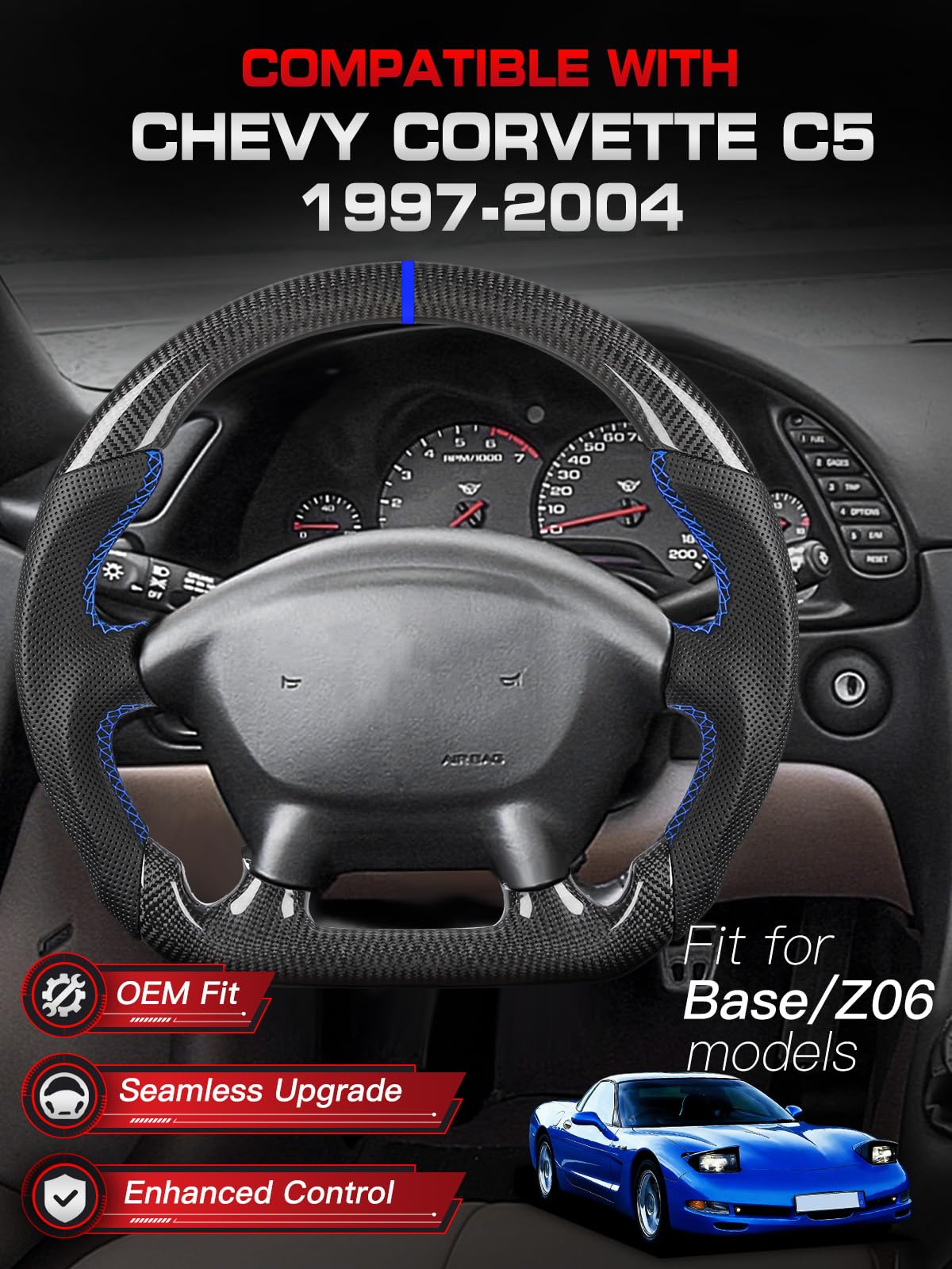 TESFEEL Real Carbon Fiber Steering Wheel for Chevy Corvette C5 (1997-2004), D-Shape Flat Bottom, Blue Stripe & Stitching, Black Nappa Perforated Leather, Fits for C5 Base, Z06 & All Trims