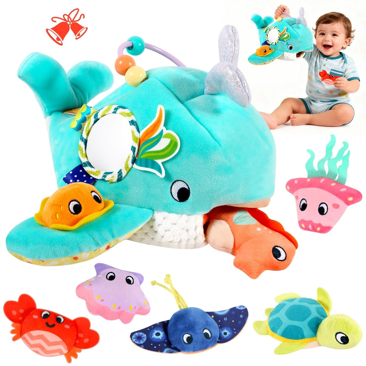FREYBLI Baby Toys 6-12 Months - Soft Ocean Adventure Toy with Rattle, Crinkle Paper, Squeaker, Mirror - 6 Month Old Baby Toys Boy Girl Gifts, Baby Sensory Montessori Toys for 6 Month Old Infant Toys