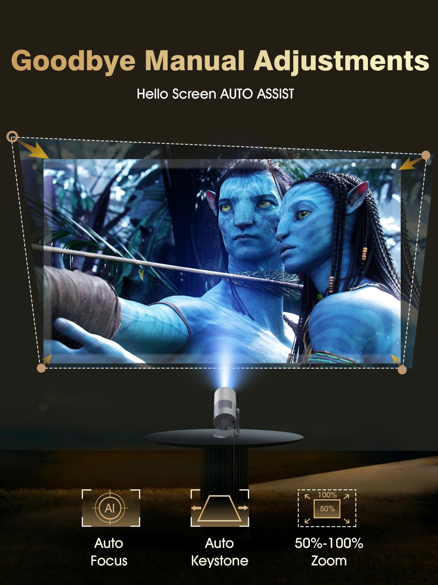Latest Upgrade Portable Mini Projector Native 1080P 4K Support, 410 ANSI Lumens Auto Focus, WiFi 6 Bluetooth, Outdoor Movie Game Projector Android Smart System for Home Theater TV Replacement