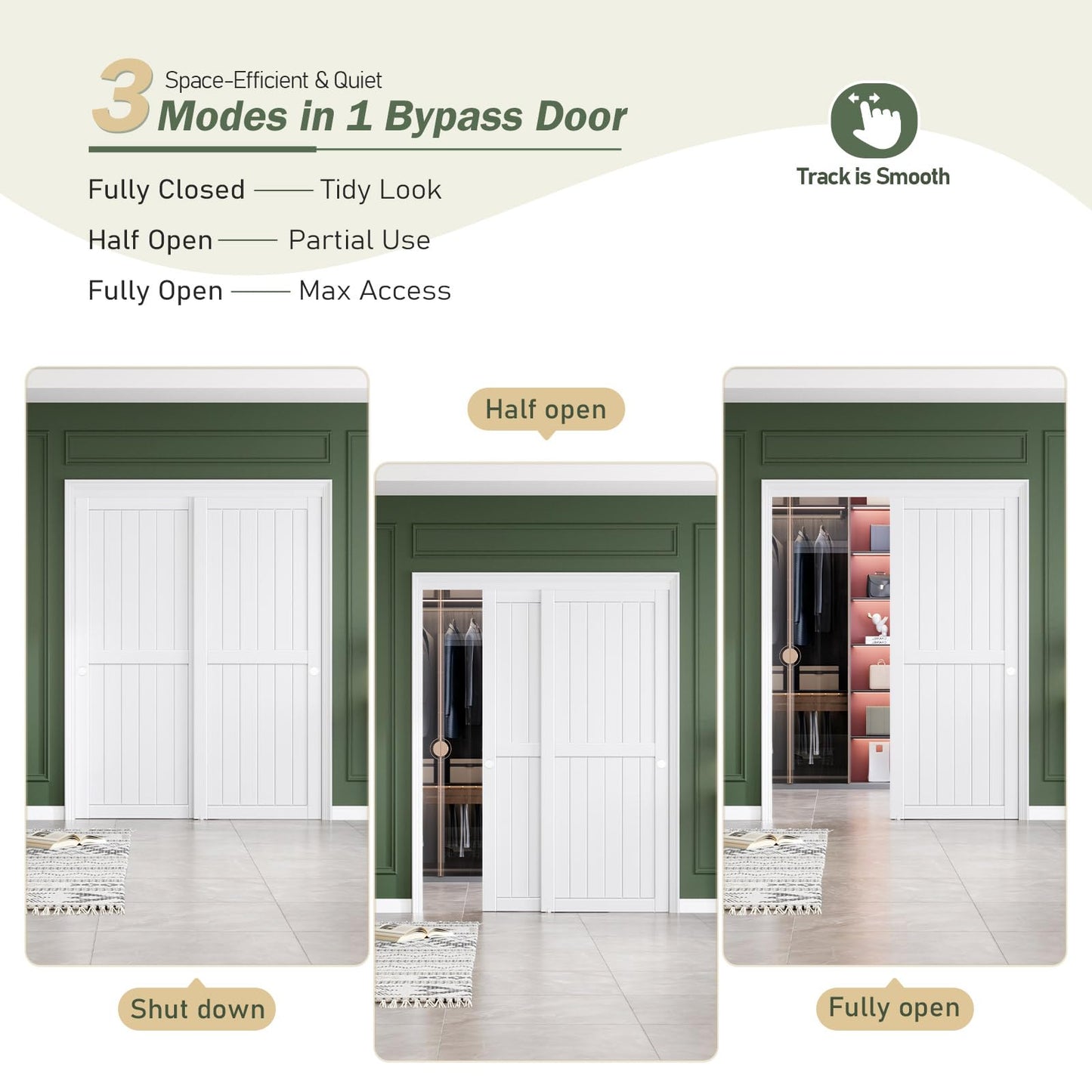 FREDBECK Sliding Closet Doors 60x80(Double 31inch),Bypass Barn Door with Hardware,for Bedroom,White,H Frame,Assemble Required