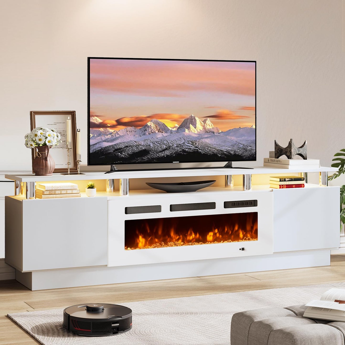 OneBlis 70" TV Stand for Living Room, Entertainment Center & Media Console with Storage, Fits TVs up to 80", Modern TV Cabinet with Shelves, 36" Electric Fireplace (All White)