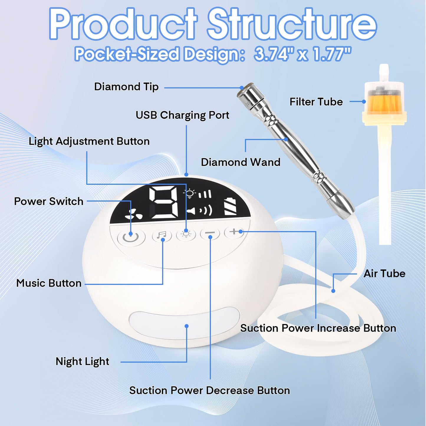 Pro Cordless Microdermabrasion Machine, Beauty Star Portable Facial Pore Vacuum Tool for Blackhead Removal, Glowing Skin, 3 Diamond Tips & 9-Setting Suction, Home and Salon Use