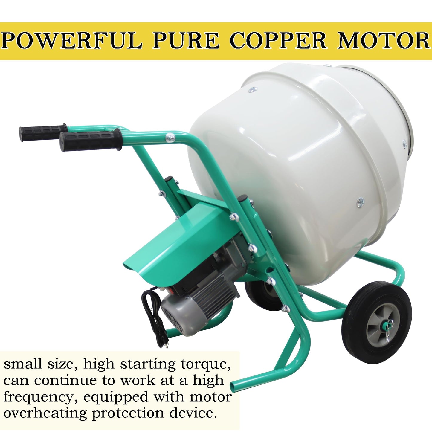 HQHAOTWU Electric Cement Mixer Concrete Mortar Steel Mix Drum Hand-pushed Movable Concrete Mixer Machine 5.3 Cubic Ft/150L Cement Mixing Drum for Stucco with Wheel and Stand