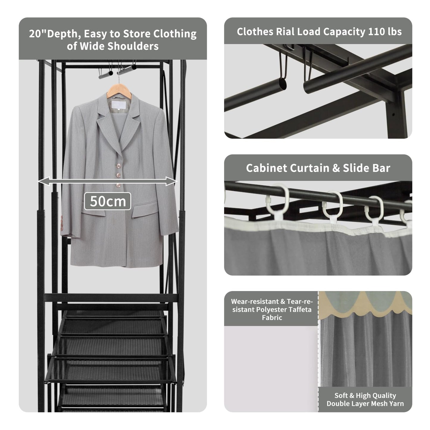 Portable Closet Rack Heavy-Duty Foldable Garment Racks with Cover 1200lbs Enclosed Wardrobe Closet with Independent Area for Hanging Clothes Storaging of Bedding (66in*20in*67in)