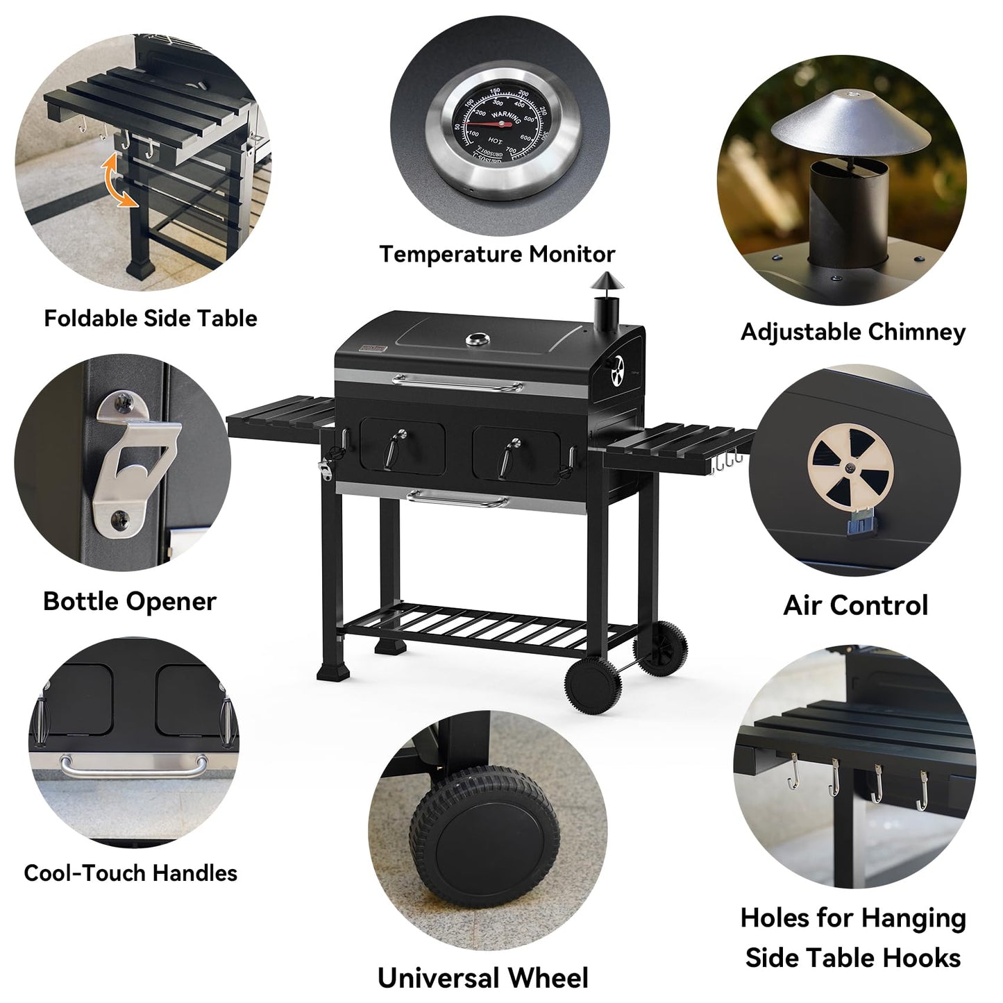 ONLYFIRE GRILLS Extra Large BBQ Charcoal Grill with Cover, 794 SQ.IN Cooking Area, Heavy Duty Outdoor Barbecue Grill with 2 Individual Lifting Charcoal Tray and 2 Side Tables, Sturdy Wheels, GS339