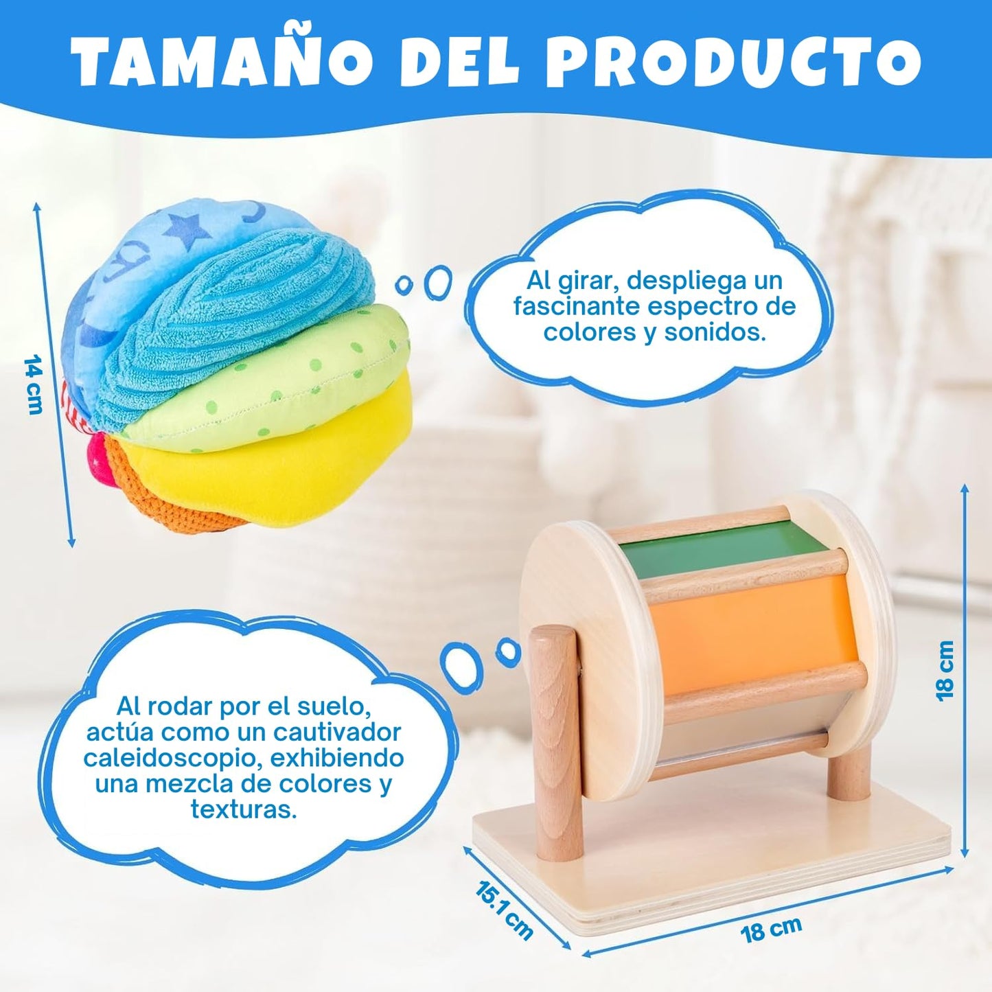Montessori Baby Toys Play Kit Montessori Mirror Peekaboo Knob Puzzle, Medium Spinning Drum and Rainbow Fabric Ball Kit Toys for6-12Months Toddlers (Play Kit 3)