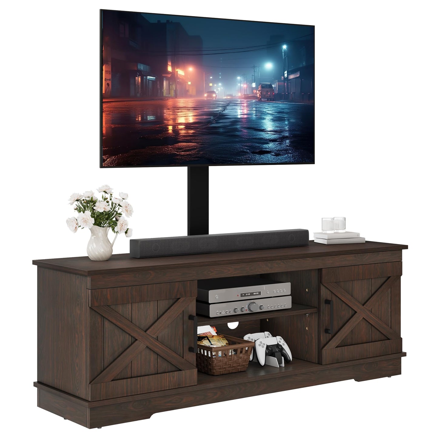 YITAHOME Farmhouse TV Stand with Mount, Sturdy TV Stand Mount for 32/45/55/60/65/70 inch TVs, Entertainment Center with Adjustable Shelf, TV Cabinet Media Console for Living Room, Espresso