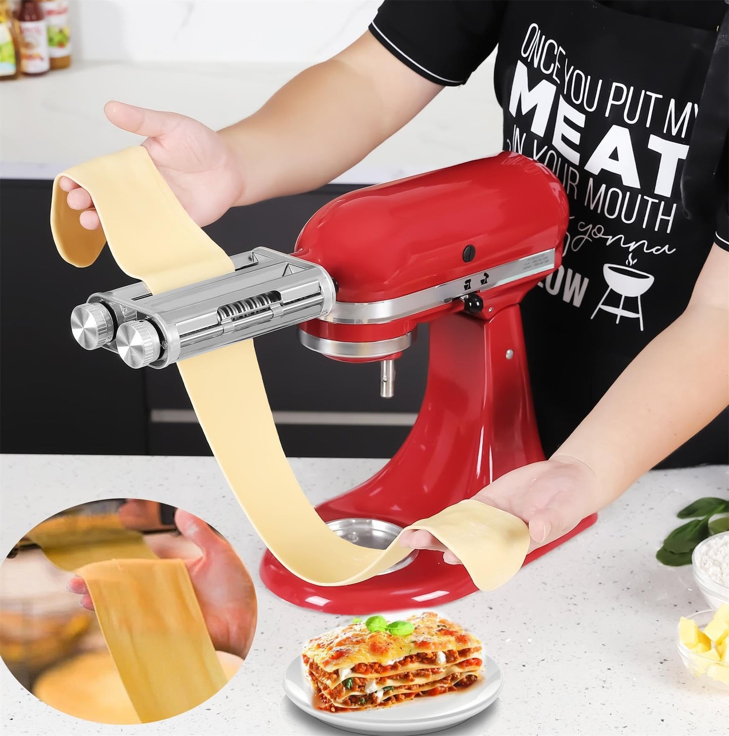 FavorKit Pasta Maker Attachment 3 in 1 Set for KitchenAid Mixers Plus Hub Knob Screw Accessory Included Dough Sheet Roller, Spaghetti & Fettuccine Cutters and Cleaning Brush