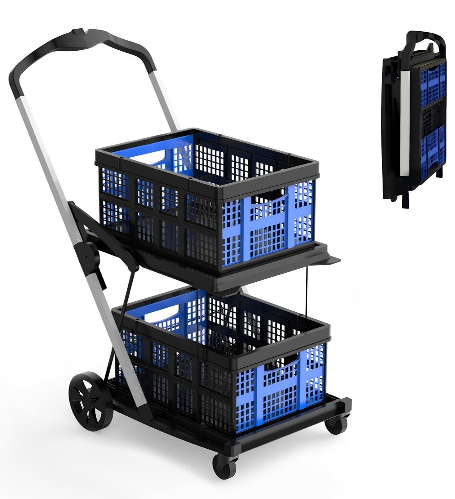 Shopping Cart with 2 Storage Crates, Multi Use Functional Collapsible Carts with 360° Rolling Swivel Wheels Heavy Duty Folding Trolley for Shopping, Picnic and Office