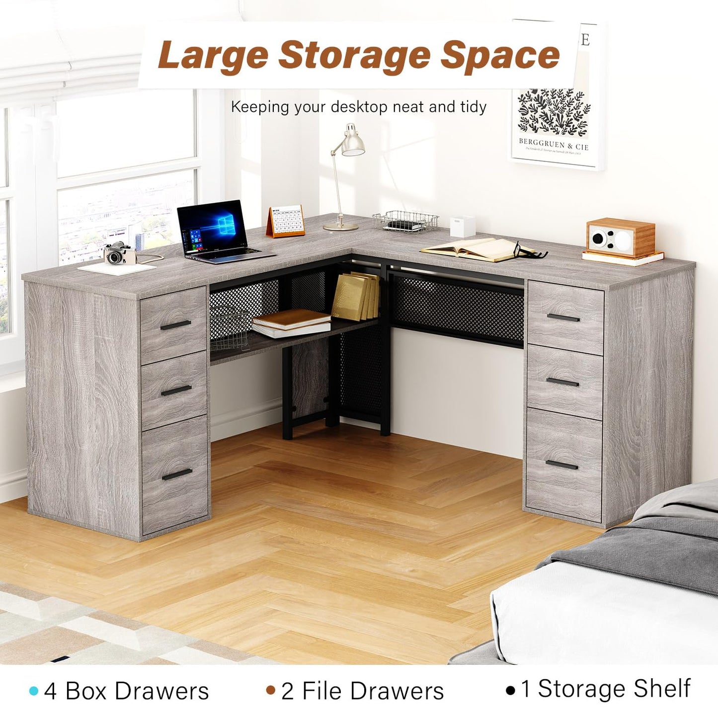 HSH Large L Shaped Desk with Storage File Cabinet，Corner L-Shaped Computer Desk with Drawers Shelves, Home Office Bedroom Metal Wood Study Writing Table Executive Workstation, Light Grey Oak, 59 Inch