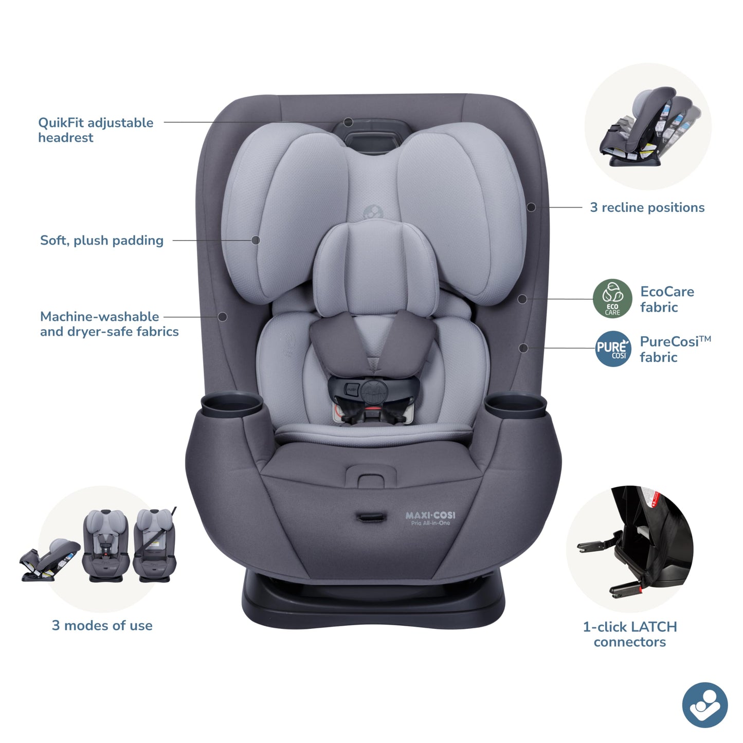 Maxi-Cosi Pria All-in-One Convertible Car Seat, Infant to Toddler Car Seat, Easy-Install Harness, Machine-Washable Cover, 5-100 lbs, Sea Salt