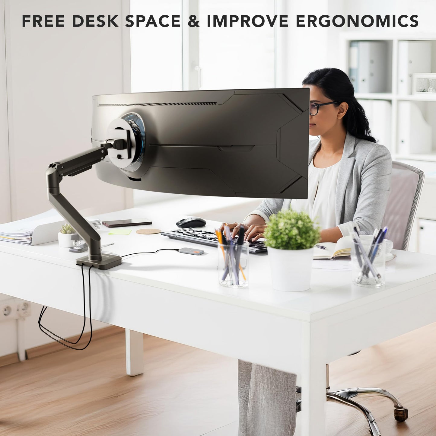 Mount-It! Proflex Series Heavy-Duty Monitor Desk Mount, Fits 17–49” Ultrawide Curved Screens, Full Motion Gas Spring Arm, 44 lbs Capacity, USB-C & USB 3.0 Ports, VESA 75/100, Clamp or Grommet Base