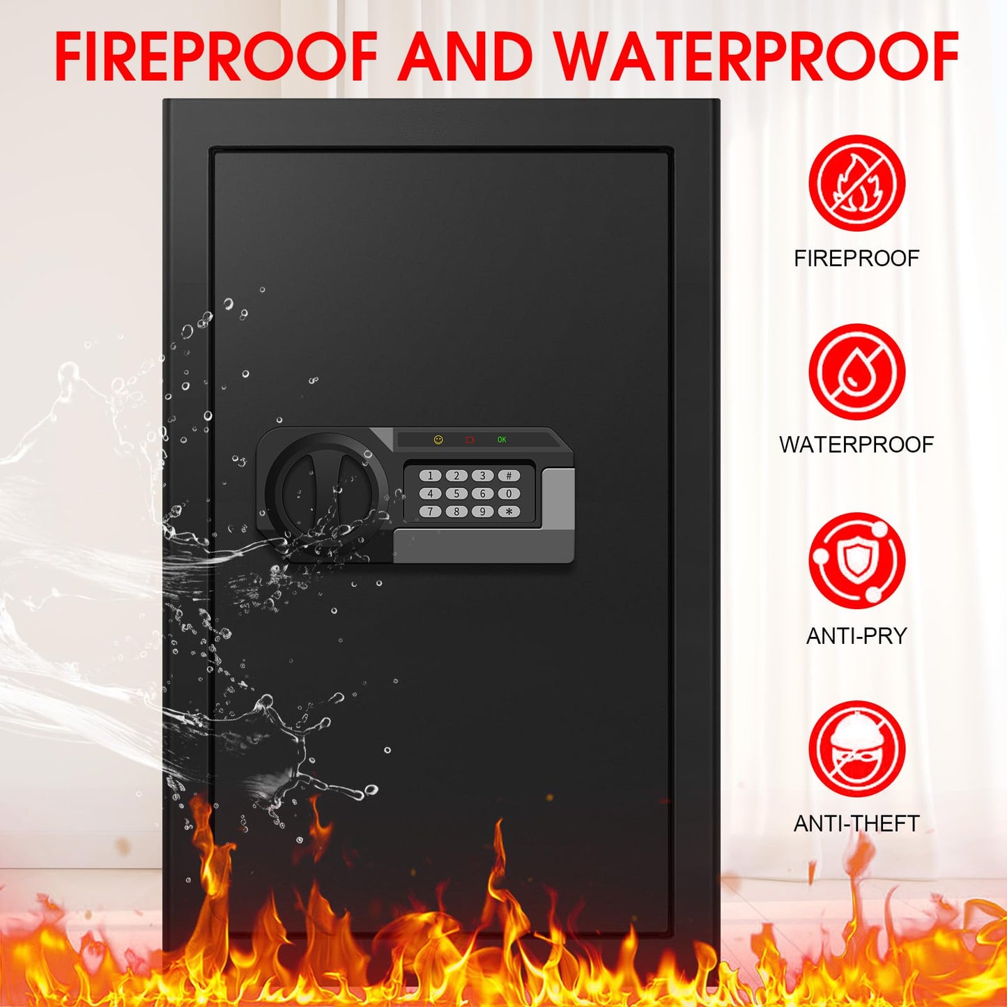 5.2 Cuft Large Home Safes Water and Fireproof, Fire Proof Safe for Home Use with Removable Shelves, Alarm System and Mute Function, Anti-Theft Safes for Home Use Fire and Water Proof for Document