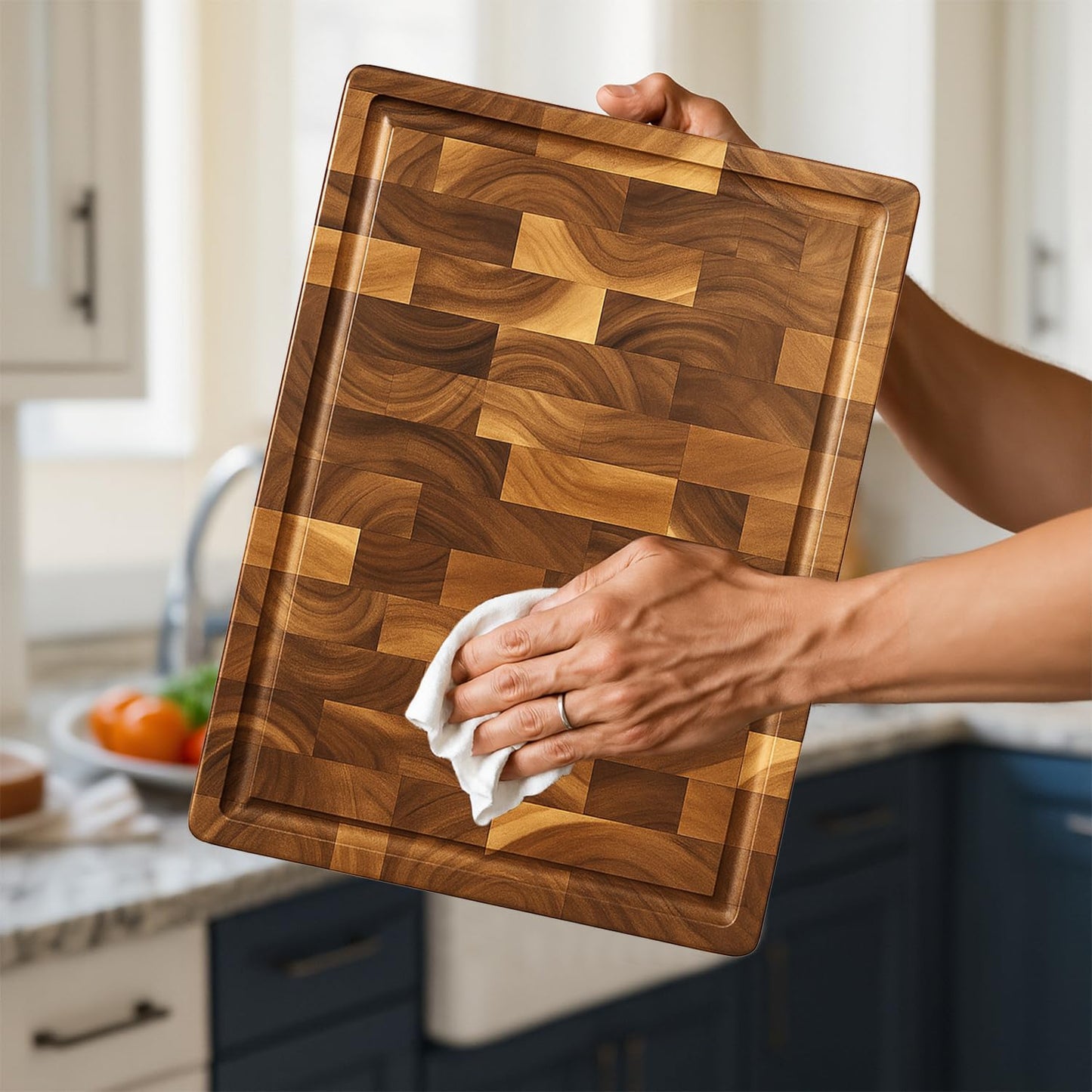 Seido Knives Gourmet Acacia End-Grain Cutting Board - 18" x 12" x 1.4" - Made From Acacia Wood Durable Withstand Heavy Duty Chopping Board Self-Healing Property Rubber Feet Juice Groove