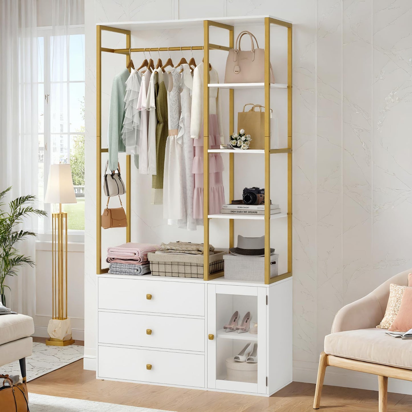 BOTLOG Closet System Organizer, 81.3” H Wardrobe Closet with 3 Wooden Drawers, Clothes Rack with Hanging Rods, 4 Tiers Shelves, Metal Frame, White and Gold