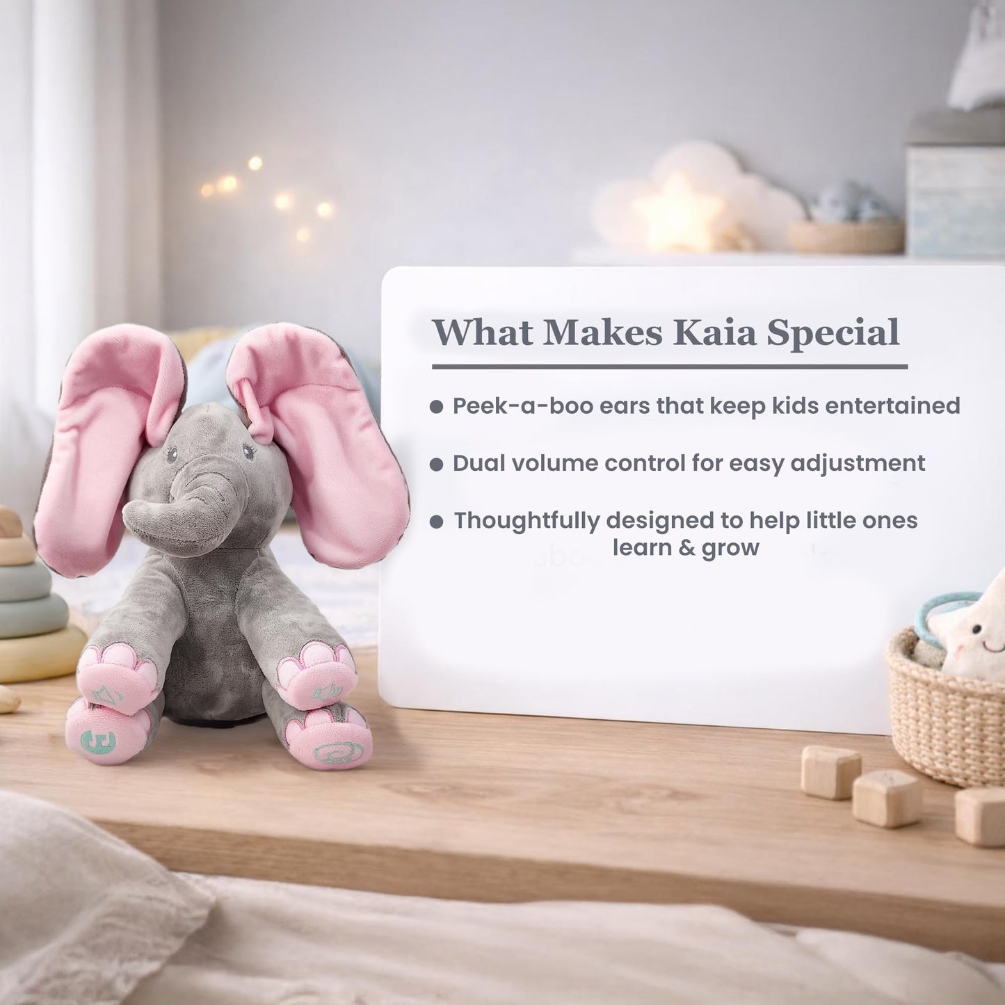 Dimple Kaia Peek A Boo Elephant Toy, Interactive Singing Stuffed Animal Plush with Moving Ears, Musical Stuffed Animal for Babies and Toddlers, Adorable Elephant Baby Toy
