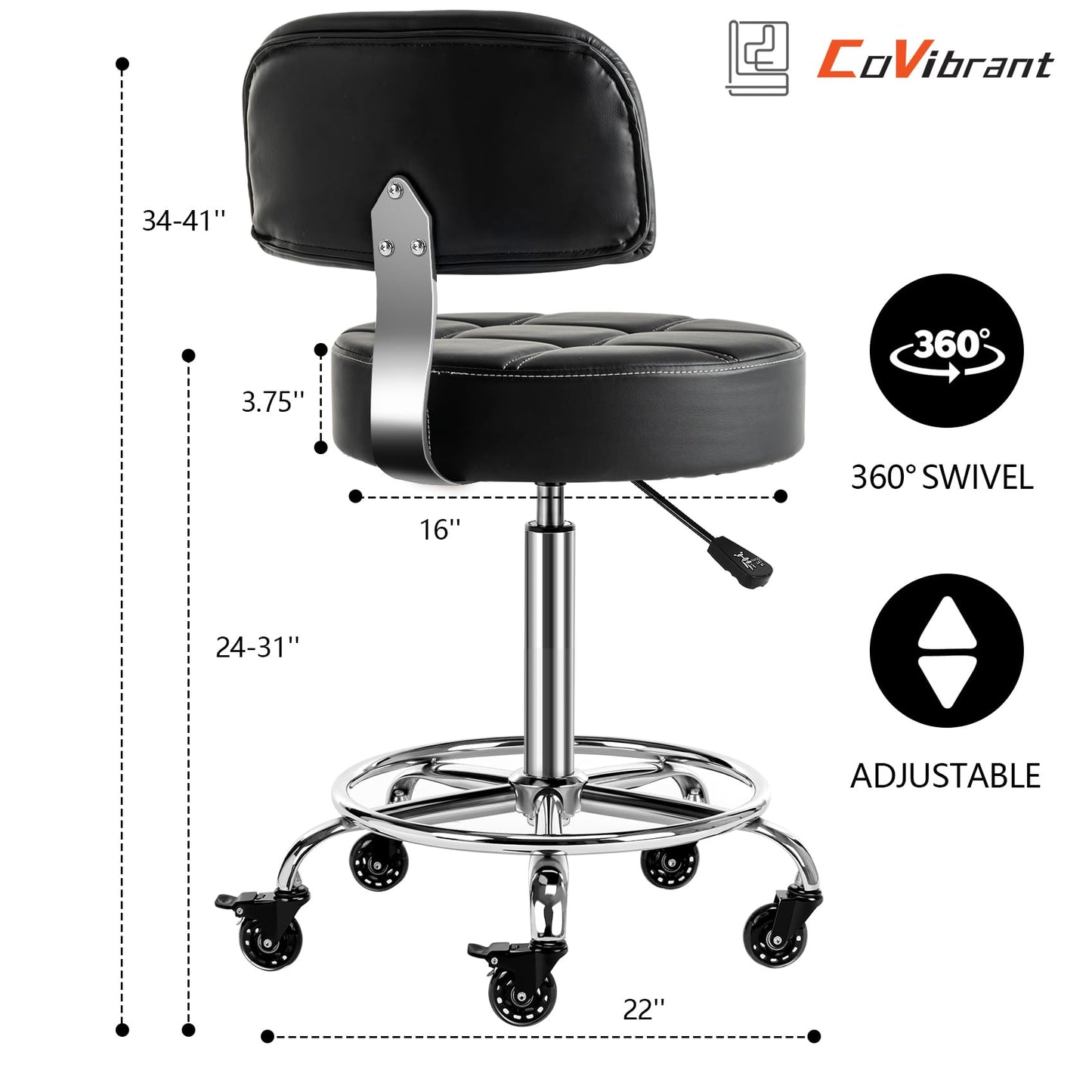 CoVibrant Lockable Stool with Back and Foot Rest Ergonomic Rolling Hydraulic Adjustable Stool for Doctor Esthetician Artist Home Small Office Desk (Black, 24''-31'')