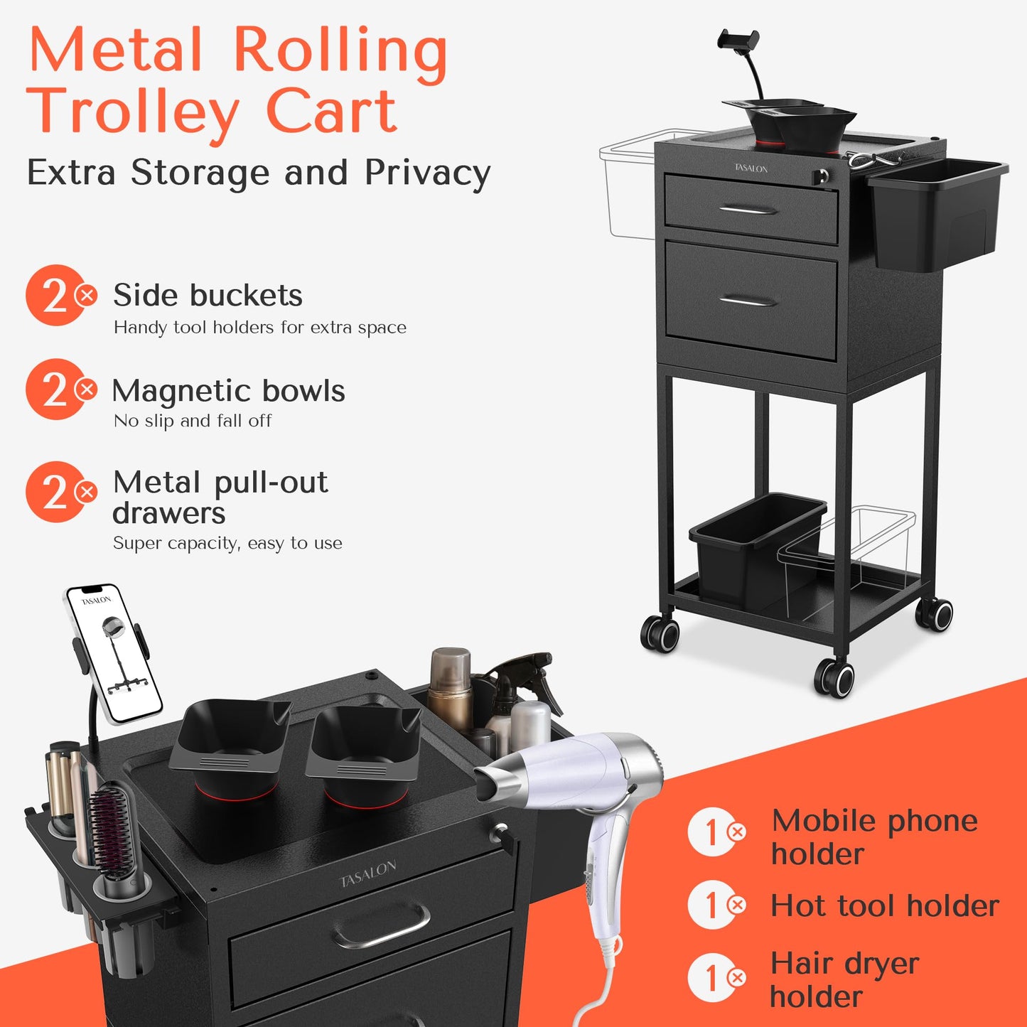 TASALON Salon Trolley Cart with Wheels, 2 Magnetic Bowls & Drawers | Mobile Hair Stylist Station for Tools Storage, Rolling Organizer Cart for Barber & Tattoo Supplies - Balck